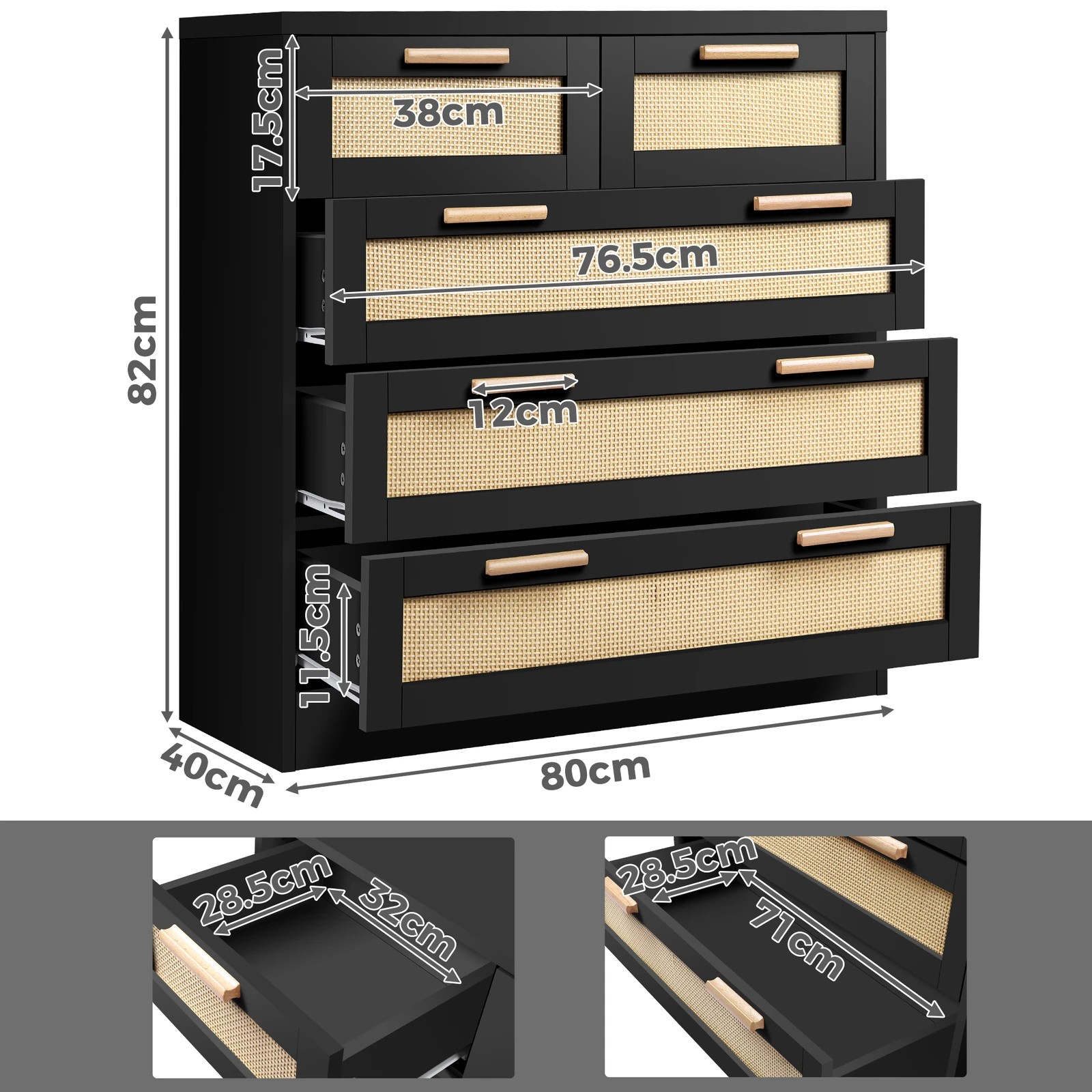 7 Alfordson 5 Chest of Drawers Rattan Cabinet Dresser - Black, 7 of 8