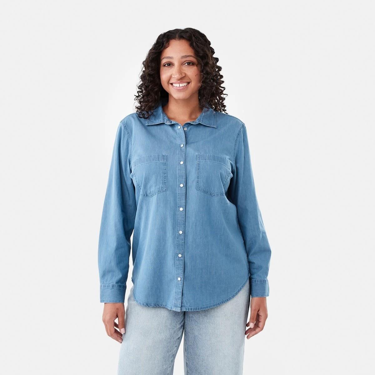 1 Long Sleeve Chambray Shirt Mid Wash, 1 of 7