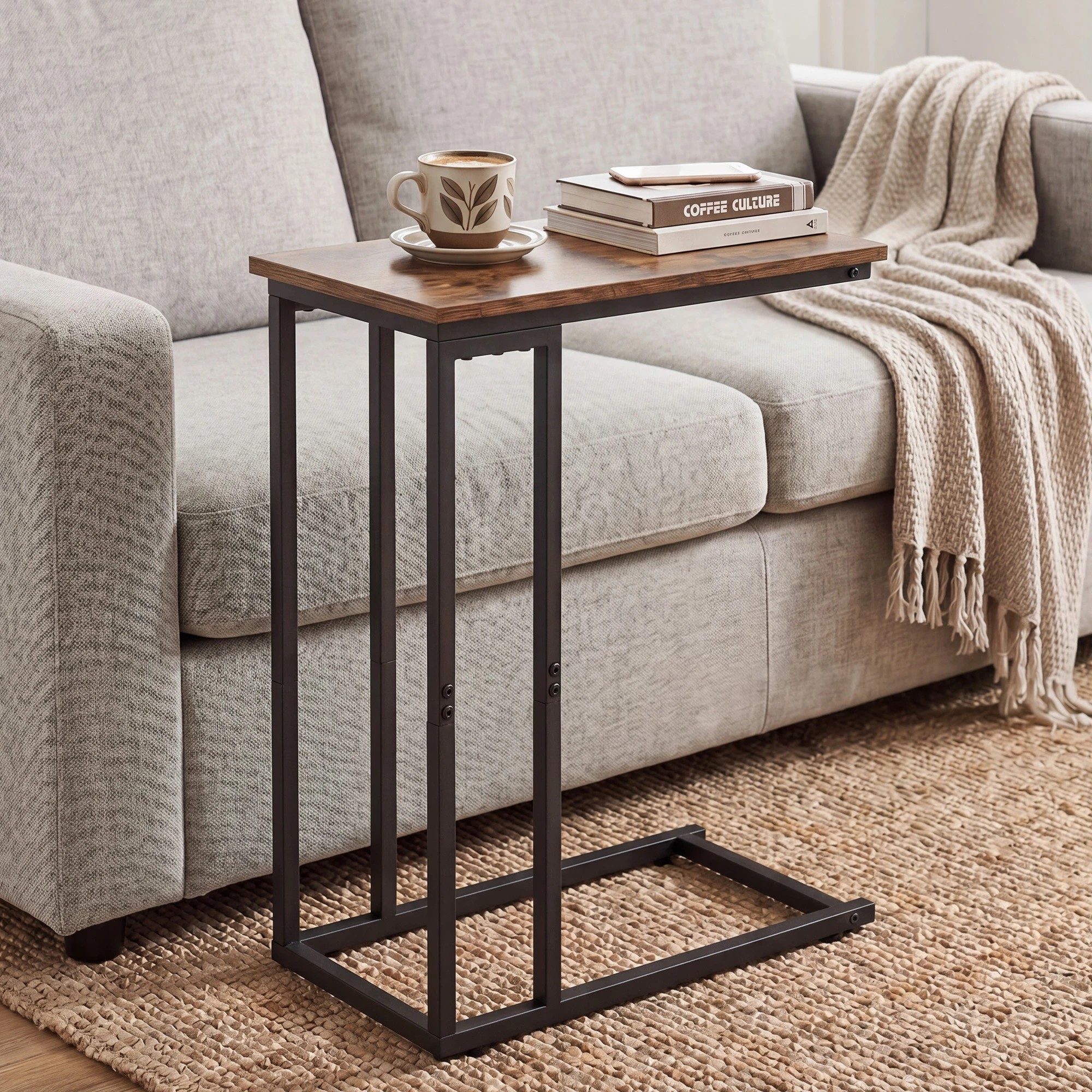 7 Levede C-Shaped Side Table Black, Space Saving Sofa Table for Living Room, 7 of 8