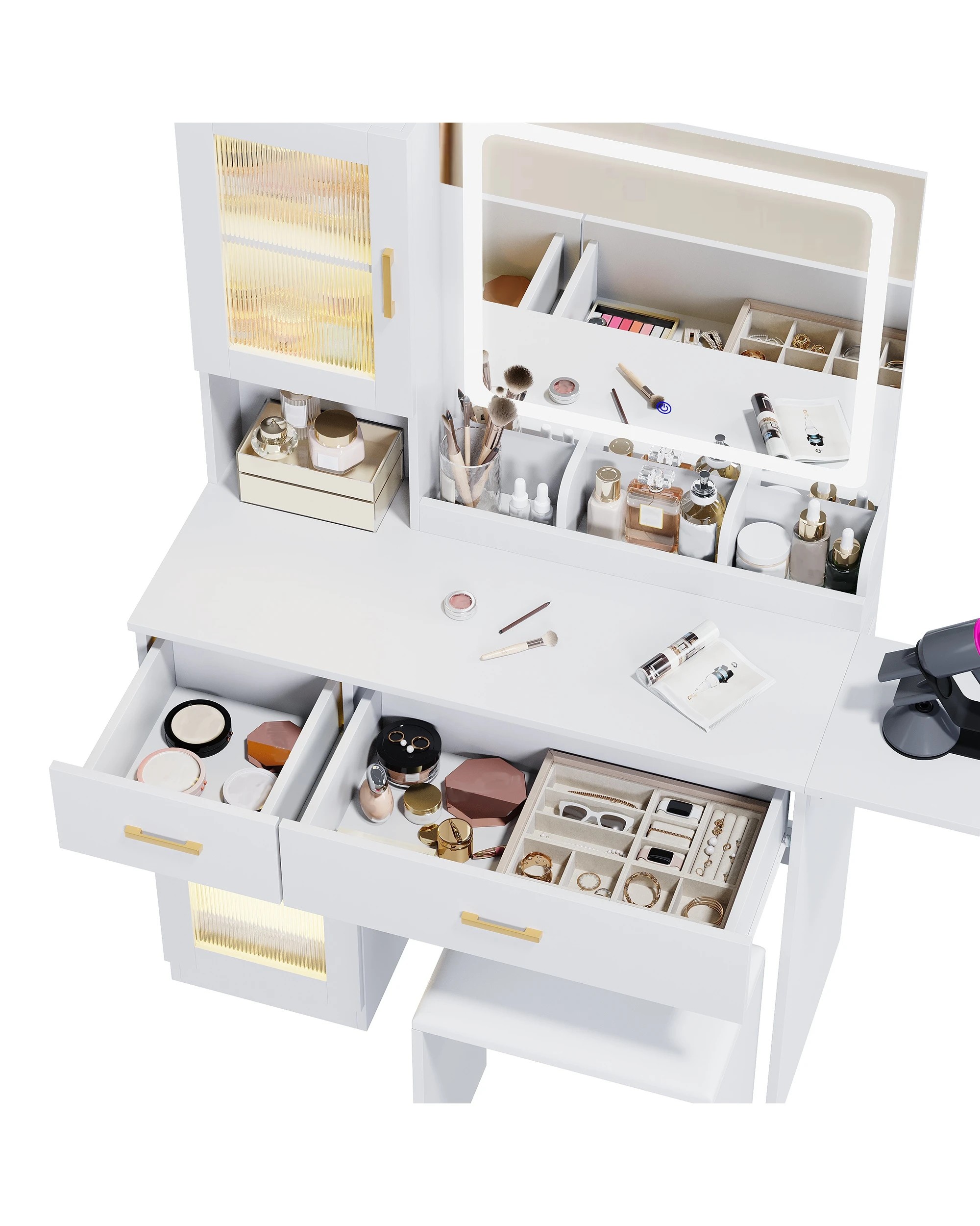 6 Advwin Dressing Table with LED Mirror,RGB Cabinet, Charging Station & Foldable Countertop - White, 6 of 10