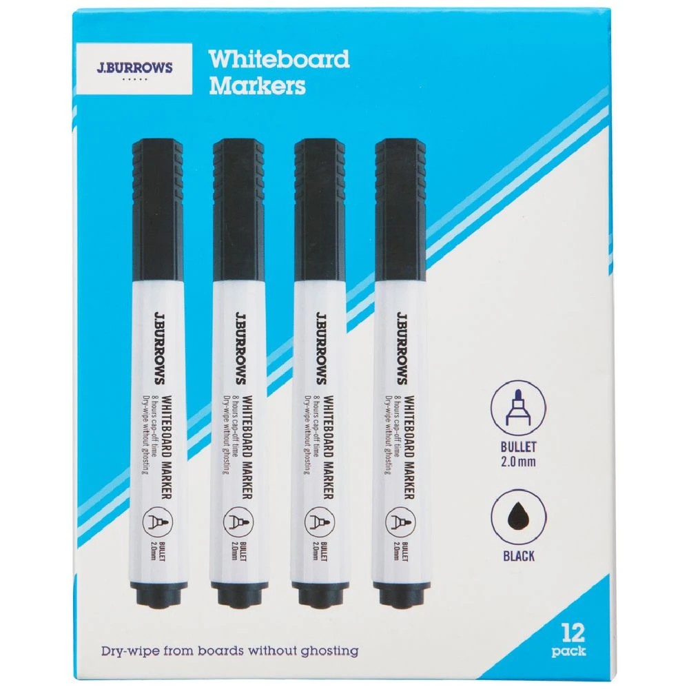 1 J.Burrows Whiteboard Markers Bullet Black 12 Pack, 1 of 4