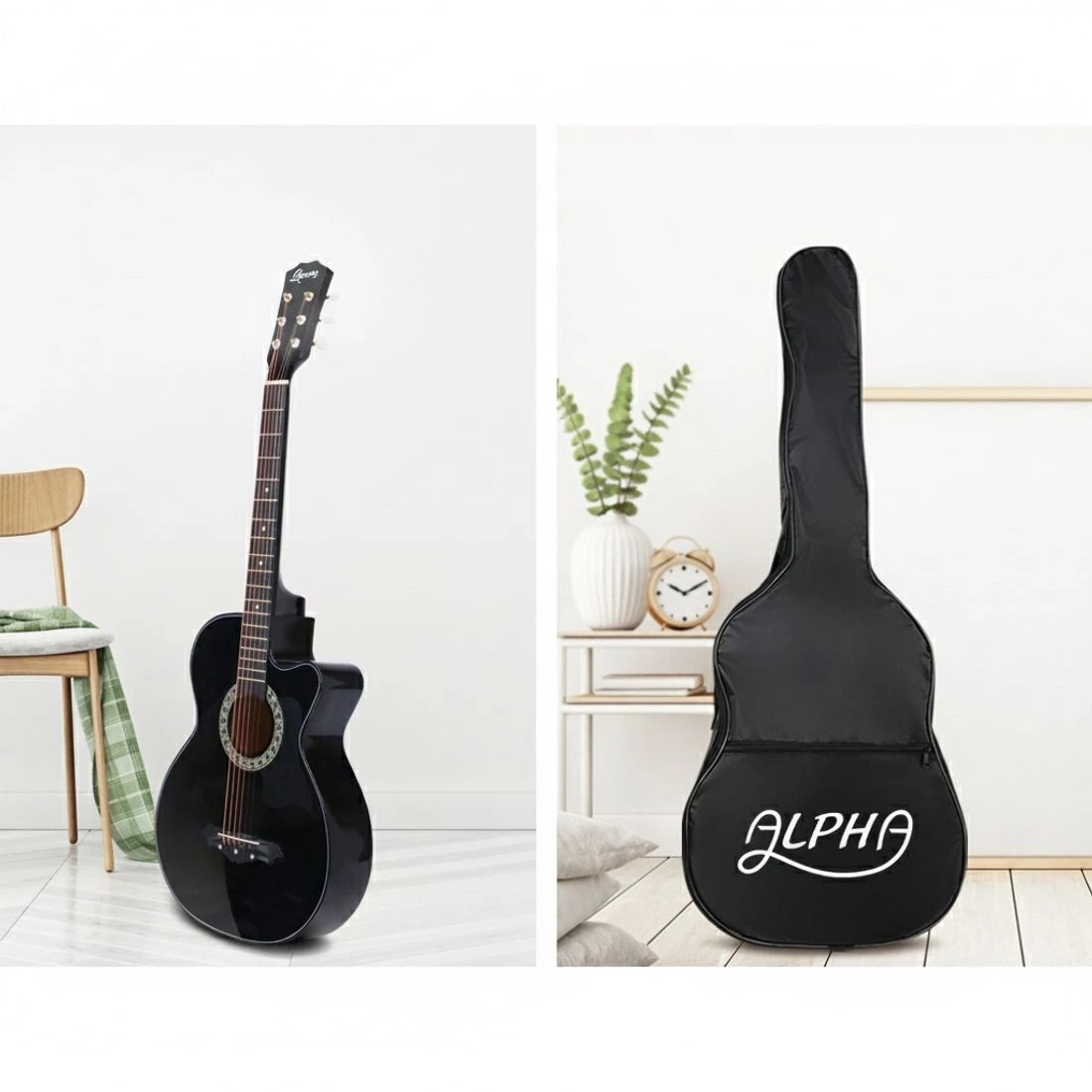 4 Alpha 38 Inch Acoustic Guitar Wooden Body Steel String Full Size Cutaway - Black, 4 of 8