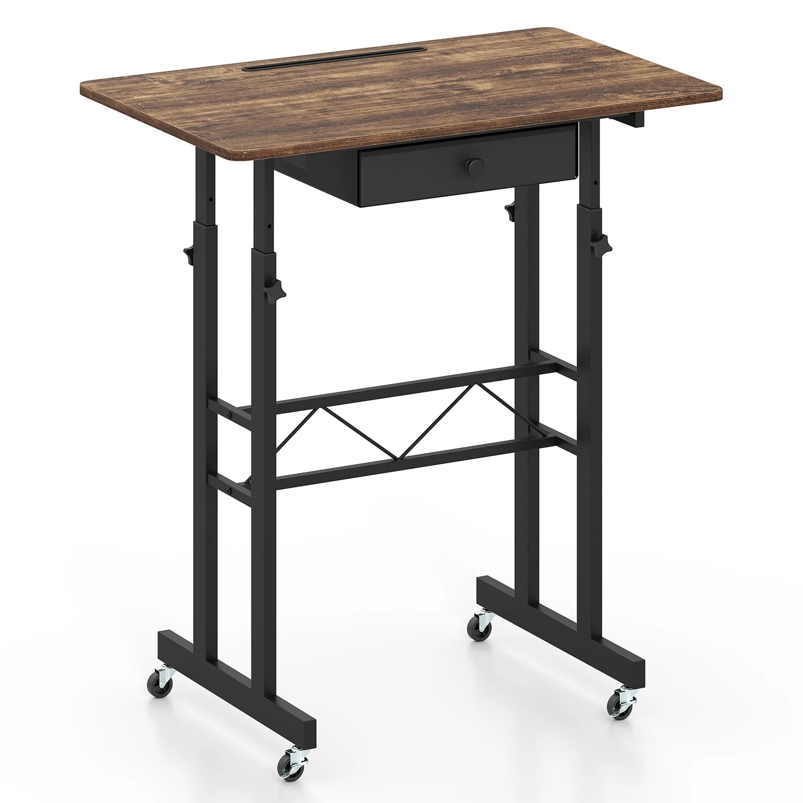 1 Costway Mobile Standing Desk Adjustable Sit Stand Laptop Desk w/Fabric Drawer - Brown, 1 of 6