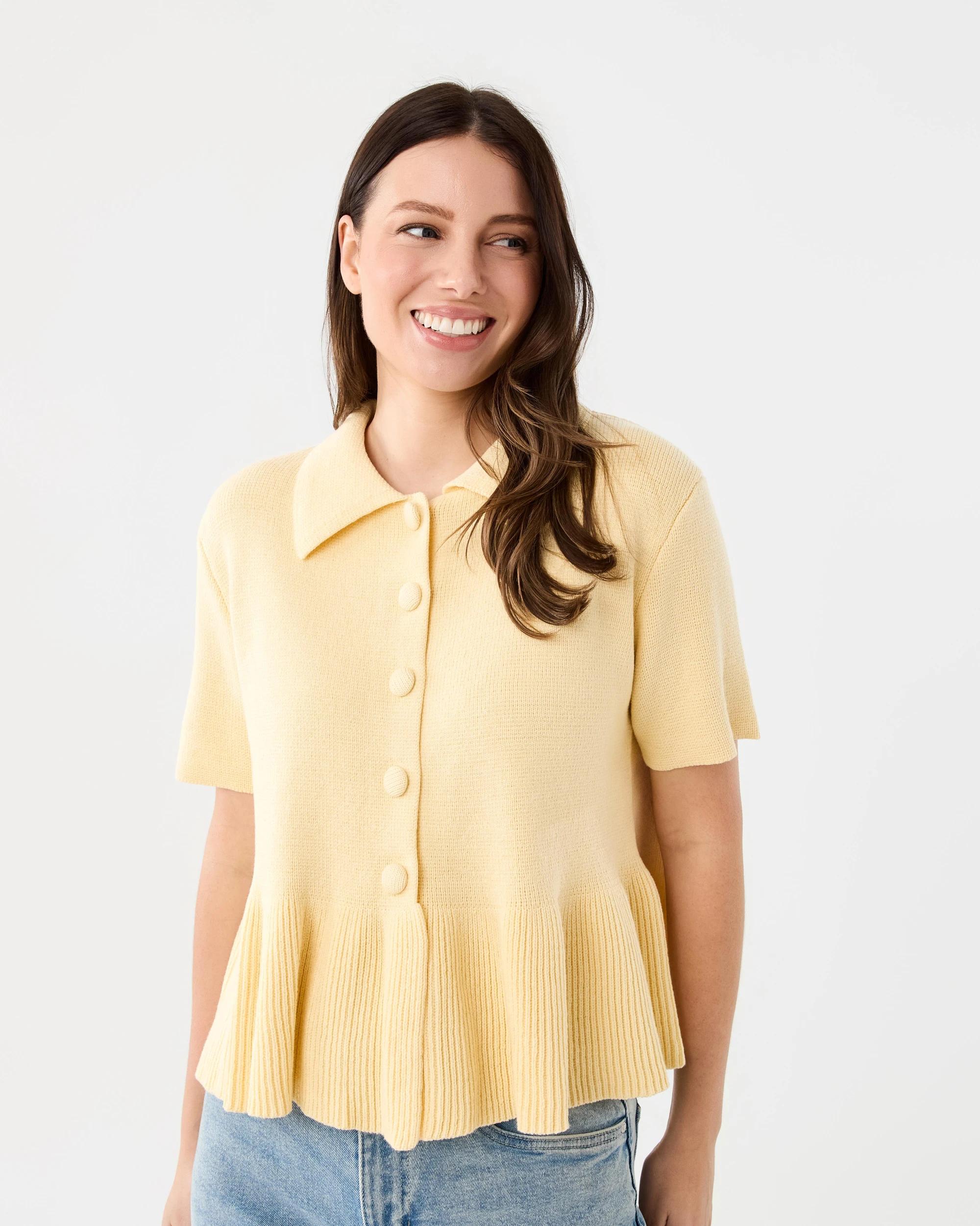 1 Short Sleeve Peplum Knit Cardigan Fln Yellow, 1 of 7