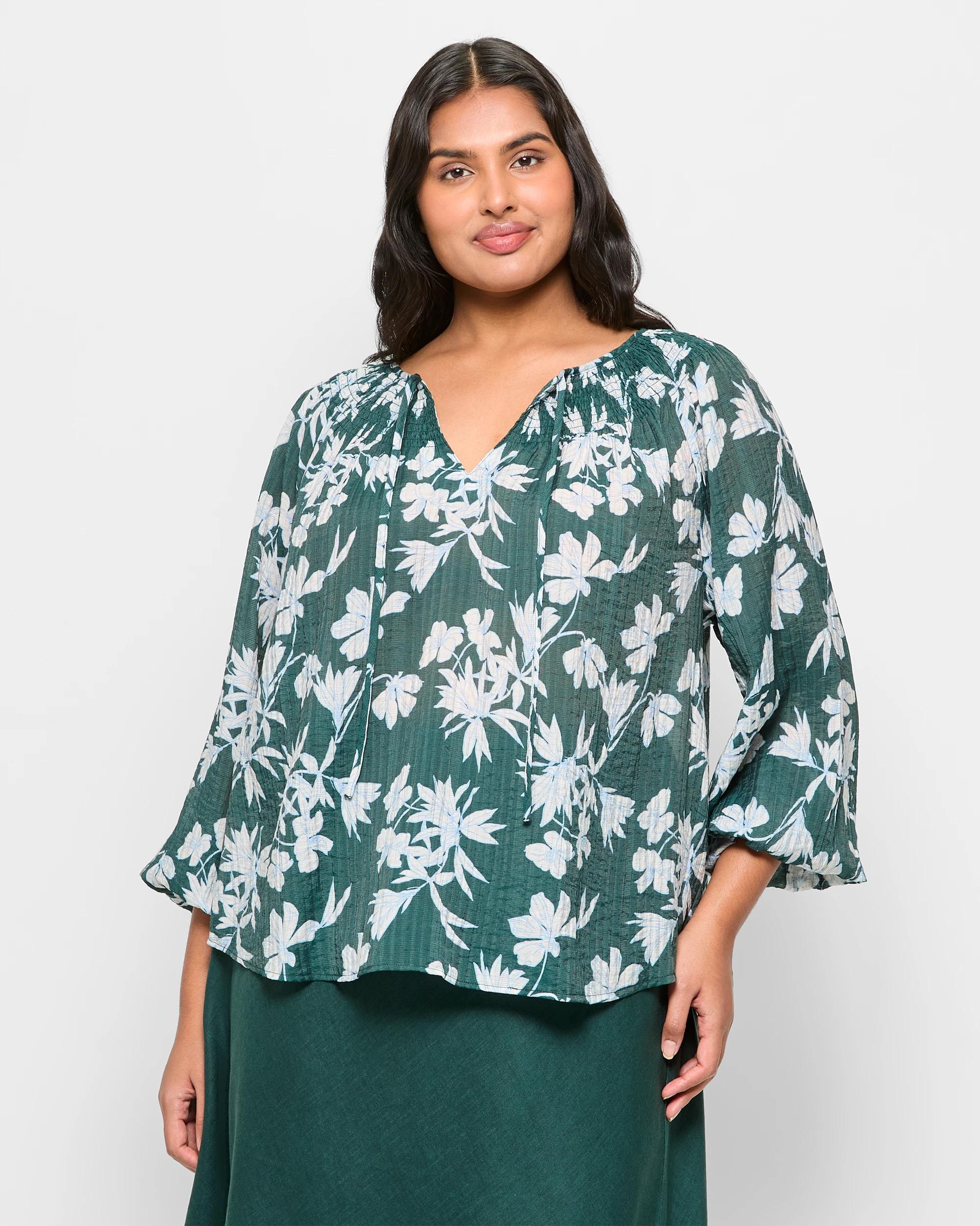 1 Target Plus Size Long Sleeve Shirred Blouse STENCIL FLORAL, 1 of 5