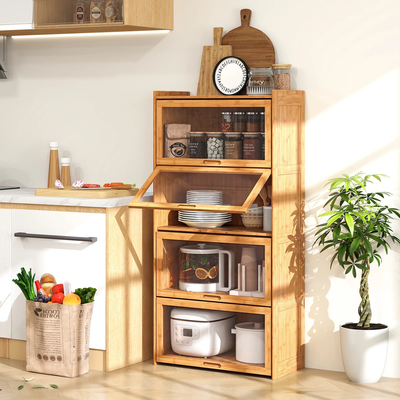 2 Costway 1.4m 4-Tier Bookcase Bamboo Bookshelf w/Doors Cube Organizer Display Cabinet - Natural, 2 of 5