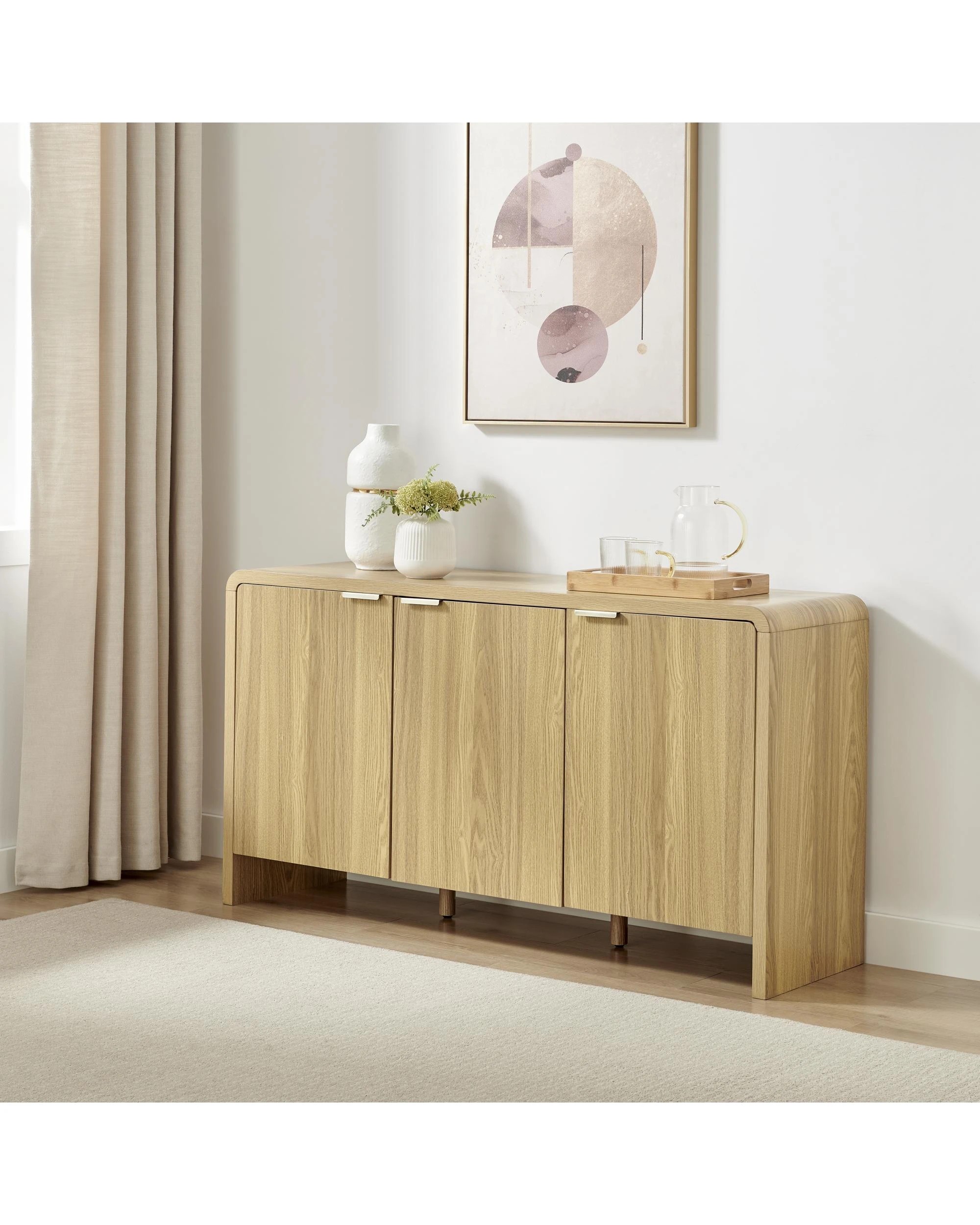 3 Kodu 140cm Curve Buffet Sideboard Cabinet 3 Doors Oak Look - Natural, 3 of 10