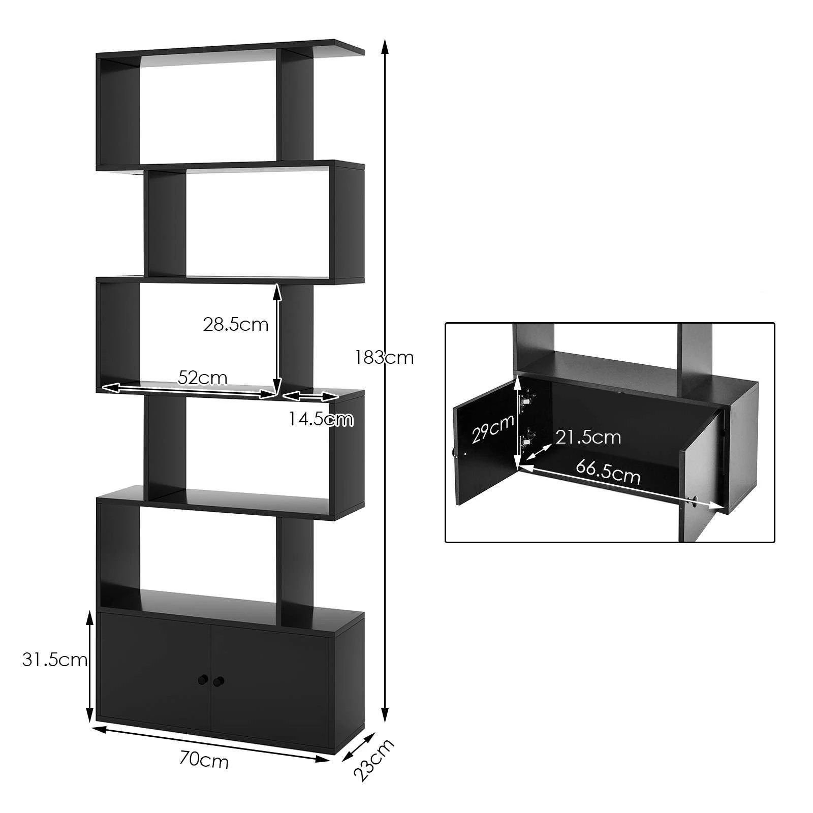3 Costway S-Shaped 6-Tier Bookshelf w/Cabinet Bookcase Storage Display Shelf Stand Rack - Black, 3 of 4