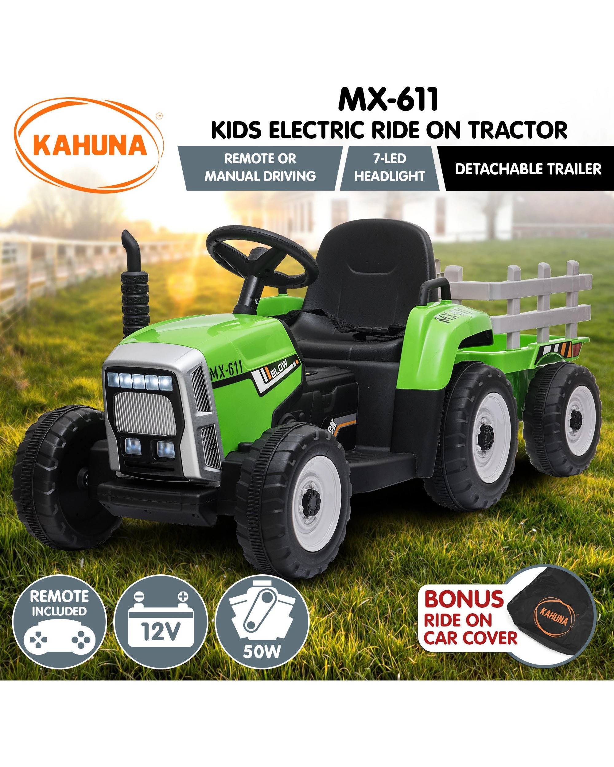 2 Kahuna MX-611 Kids Electric Ride On Tractor Trailer Car Green Grey, 2 of 10
