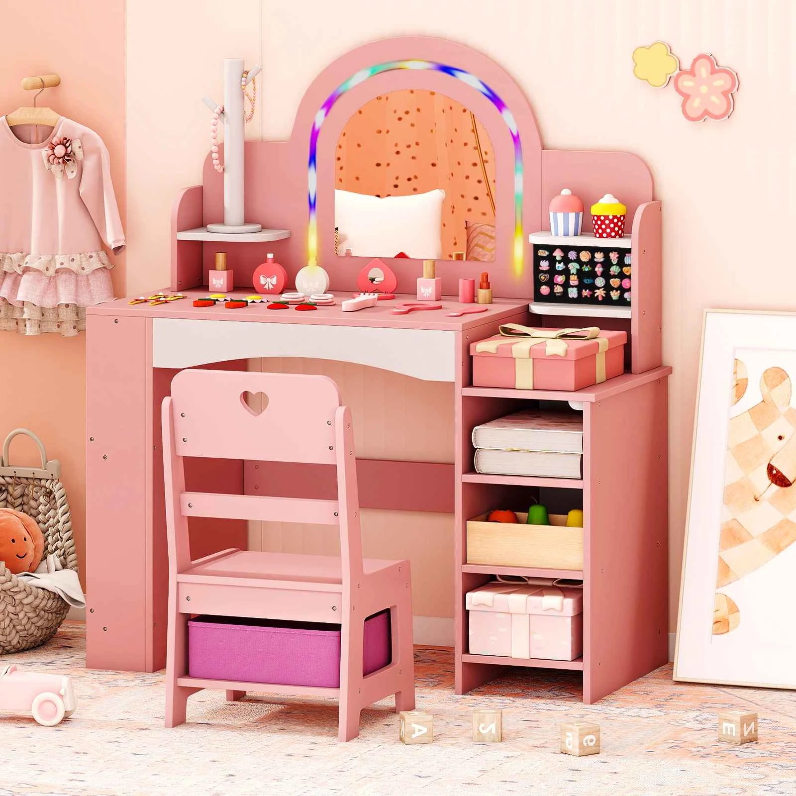 2 Costway Vanity Desk Lighted Dressing Table & Chair Set - Pink, 2 of 3