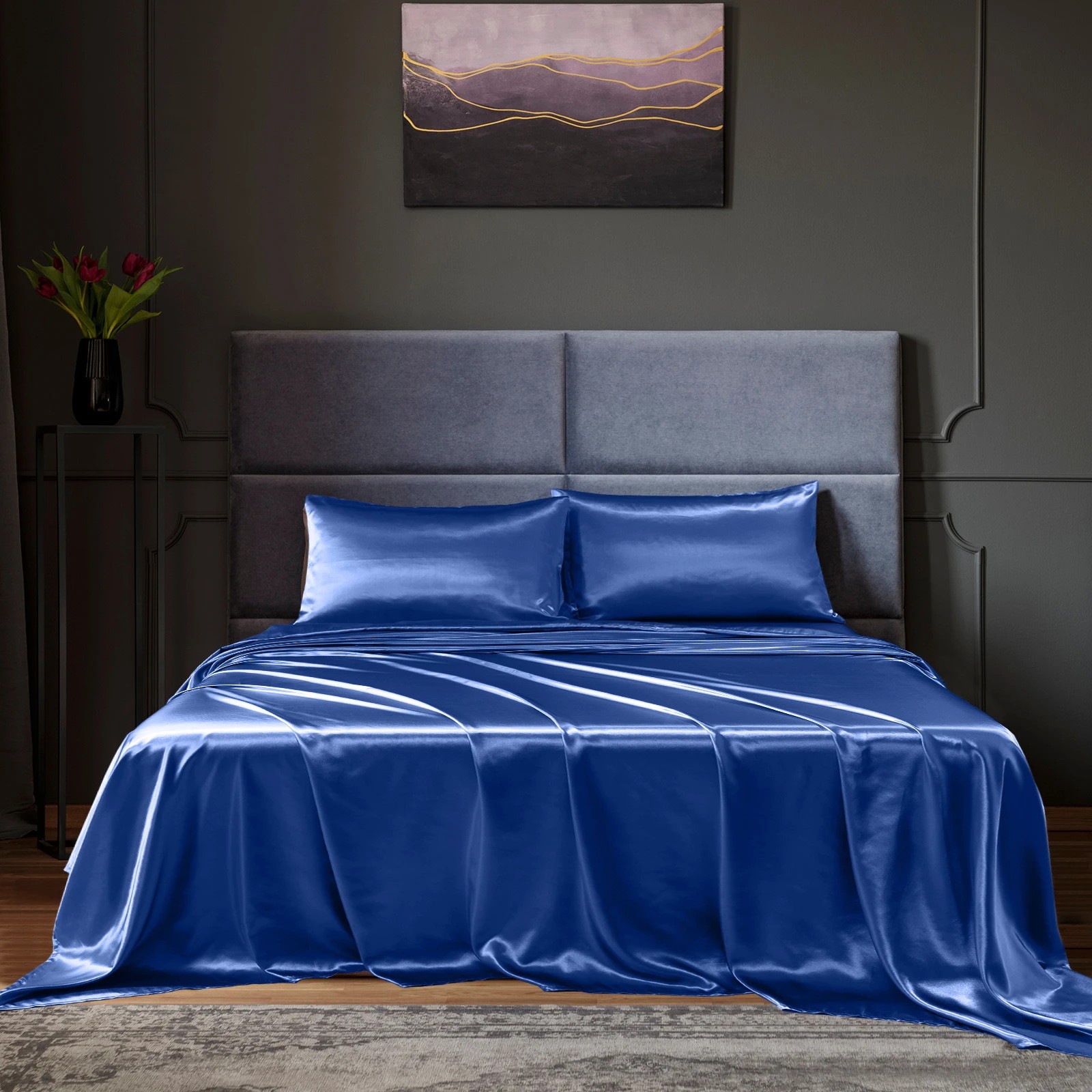 1 Royal Comfort Satin Sheet Set 4 Piece Fitted Flat Sheet Pillowcases Silky Smooth - King Bed - Blue, 1 of 9