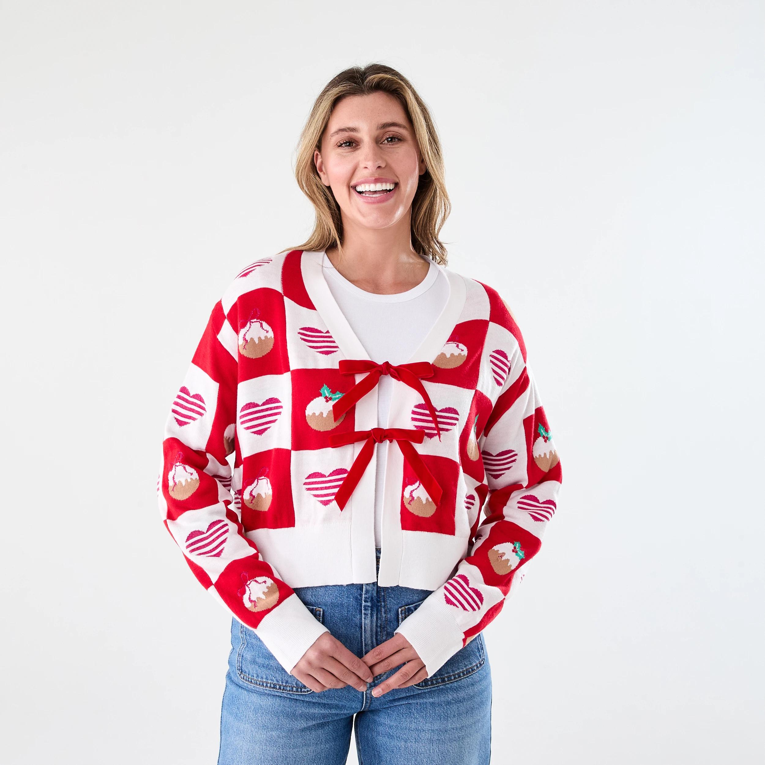 1 Tie Front Christmas Cardigan PUDDING STRAWBERRY, 1 of 6