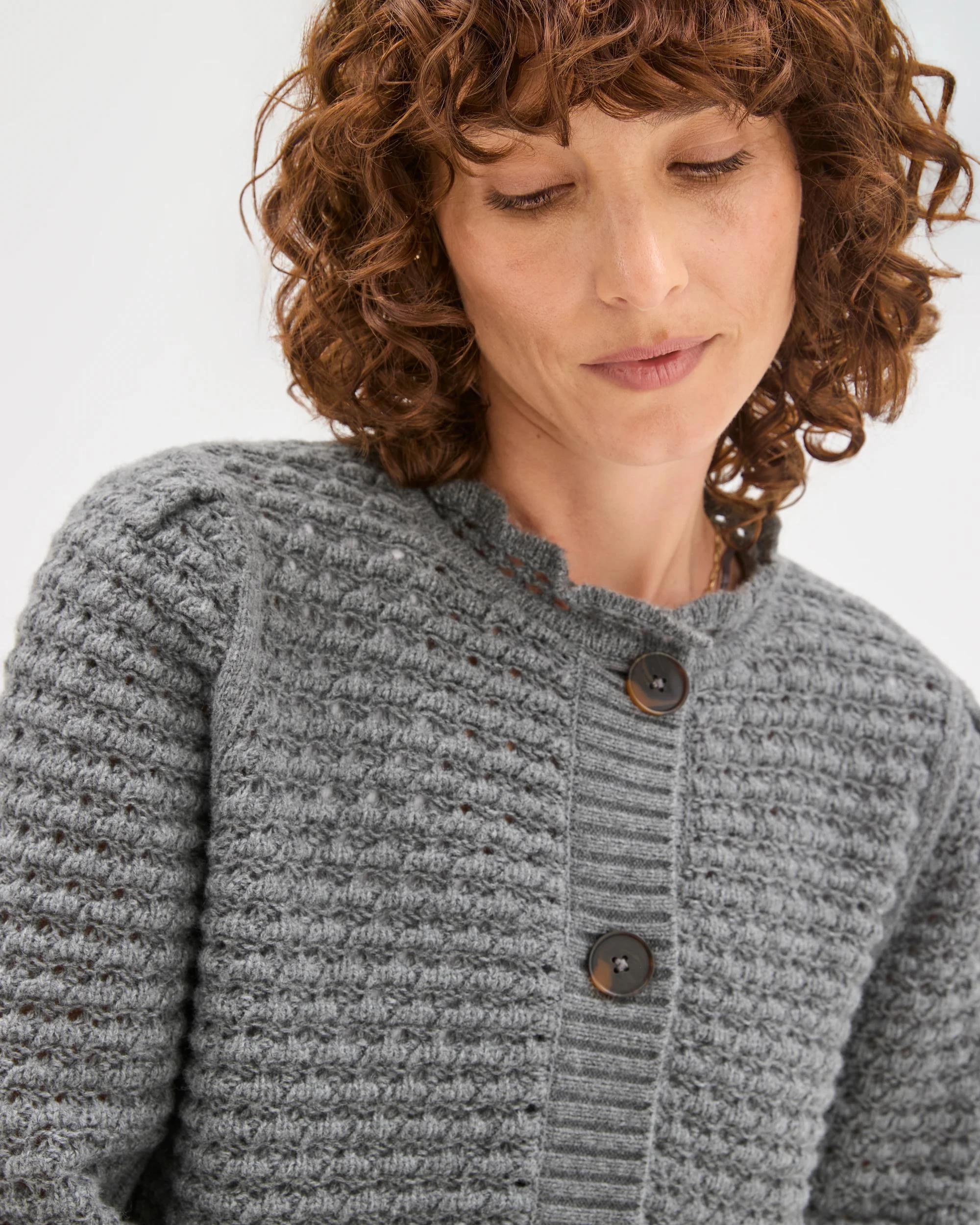 6 Target Woman Basket Stitch Ruffle Neck Cardigan CHARCOAL MARLE, 6 of 7