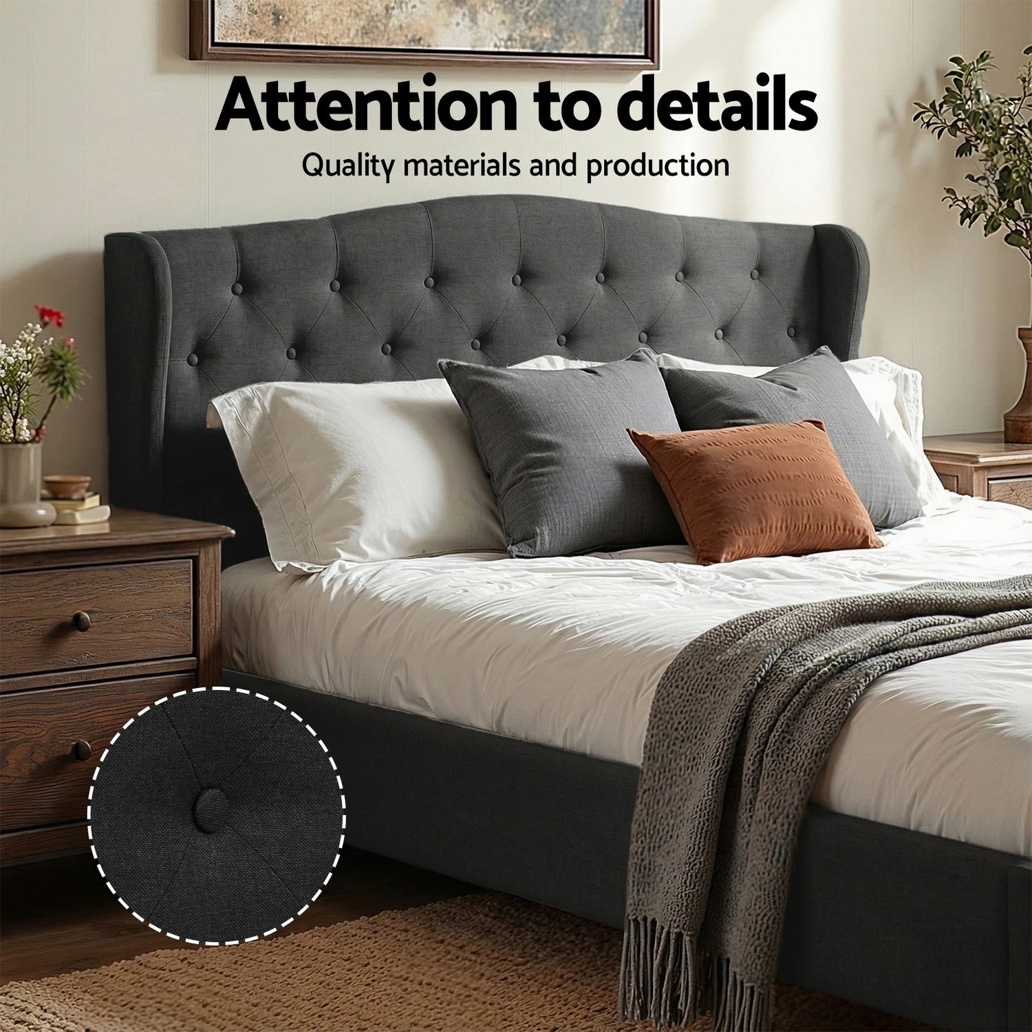 4 Artiss Queen Bed Frame Wingback Headboard Charcoal  Linen Upholste Platform - Charcoal, 4 of 6