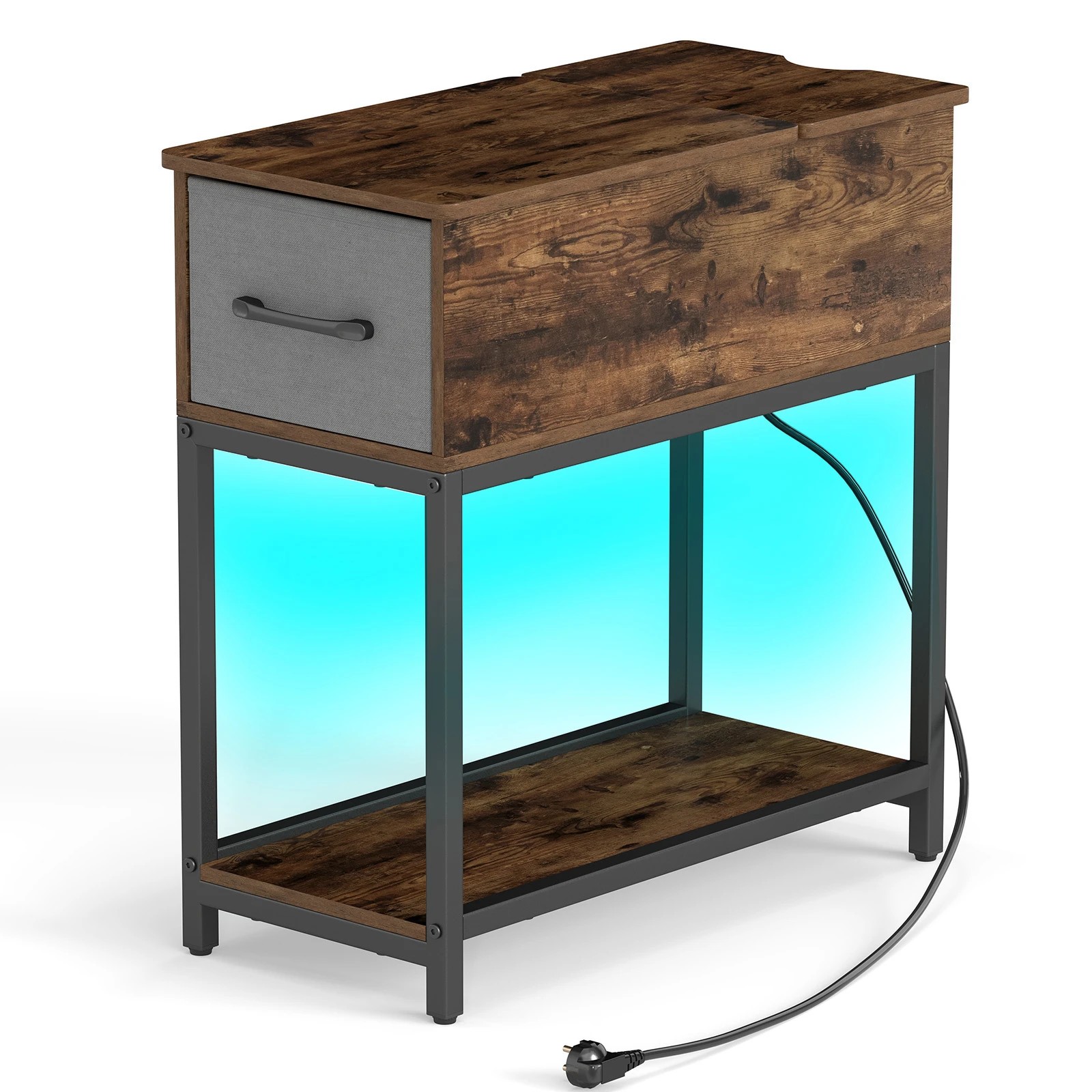 1 Costway Industrial End Side Table w/Charging Station LED Narrow Nightstand, 1 of 3