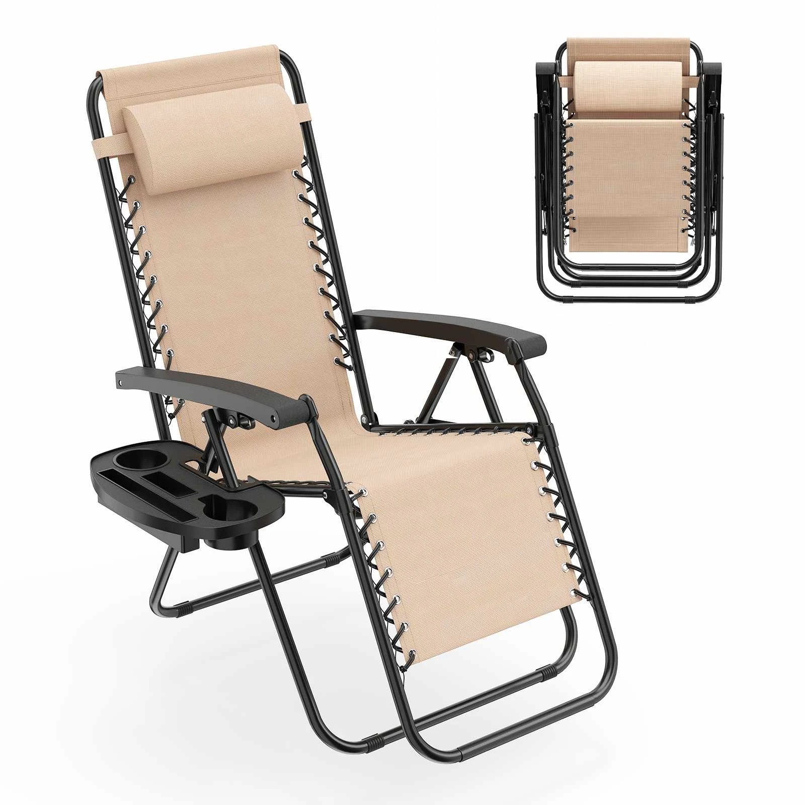 1 Costway Folding Zero Gravity Chair Folding Lounge w/Adjustable Backrest Head Pillow - Beige, 1 of 1