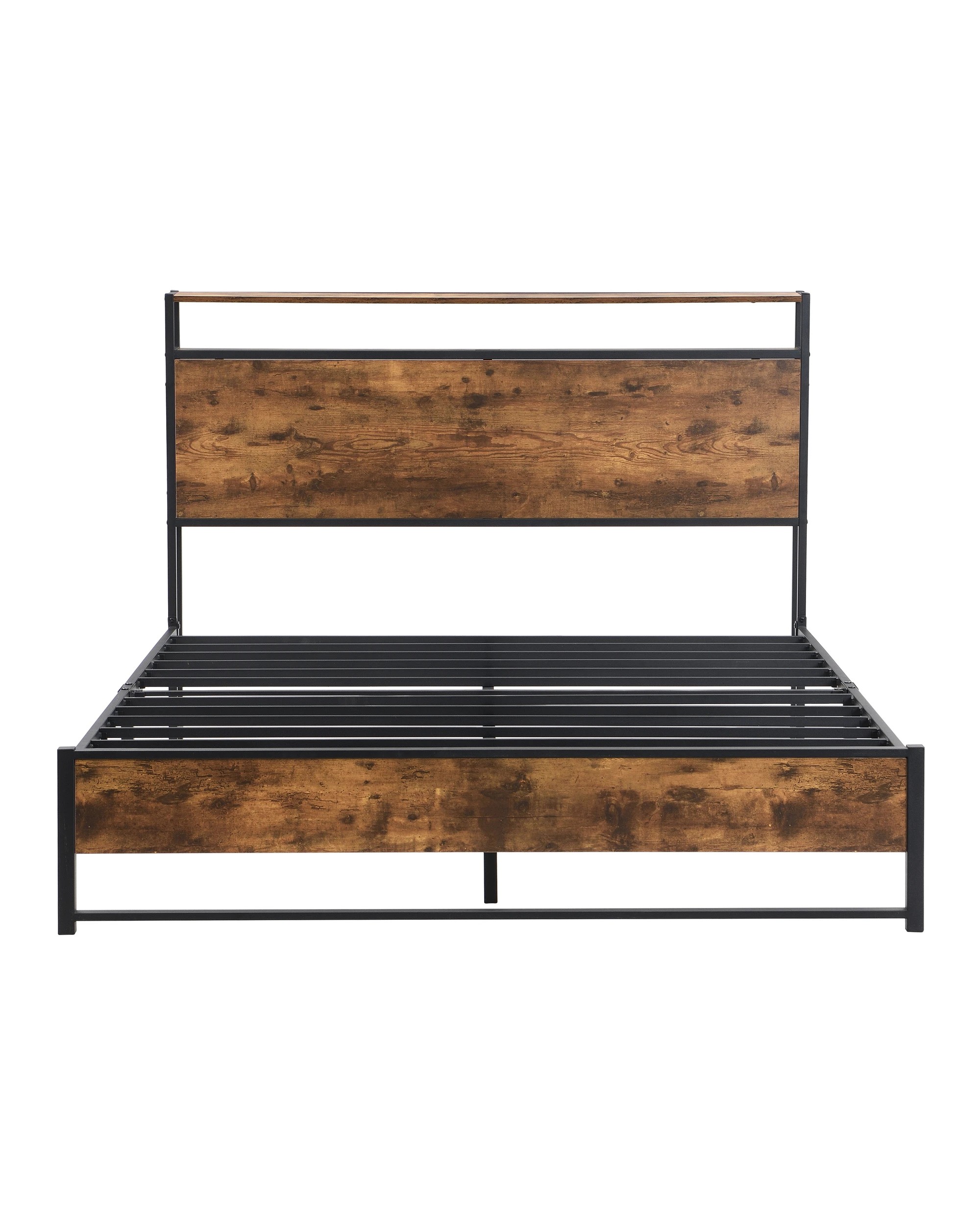 1 IHOMDEC BED01 Double  Metal & Wood Bed Frame Rustic Dark Brown - Brown, 1 of 10