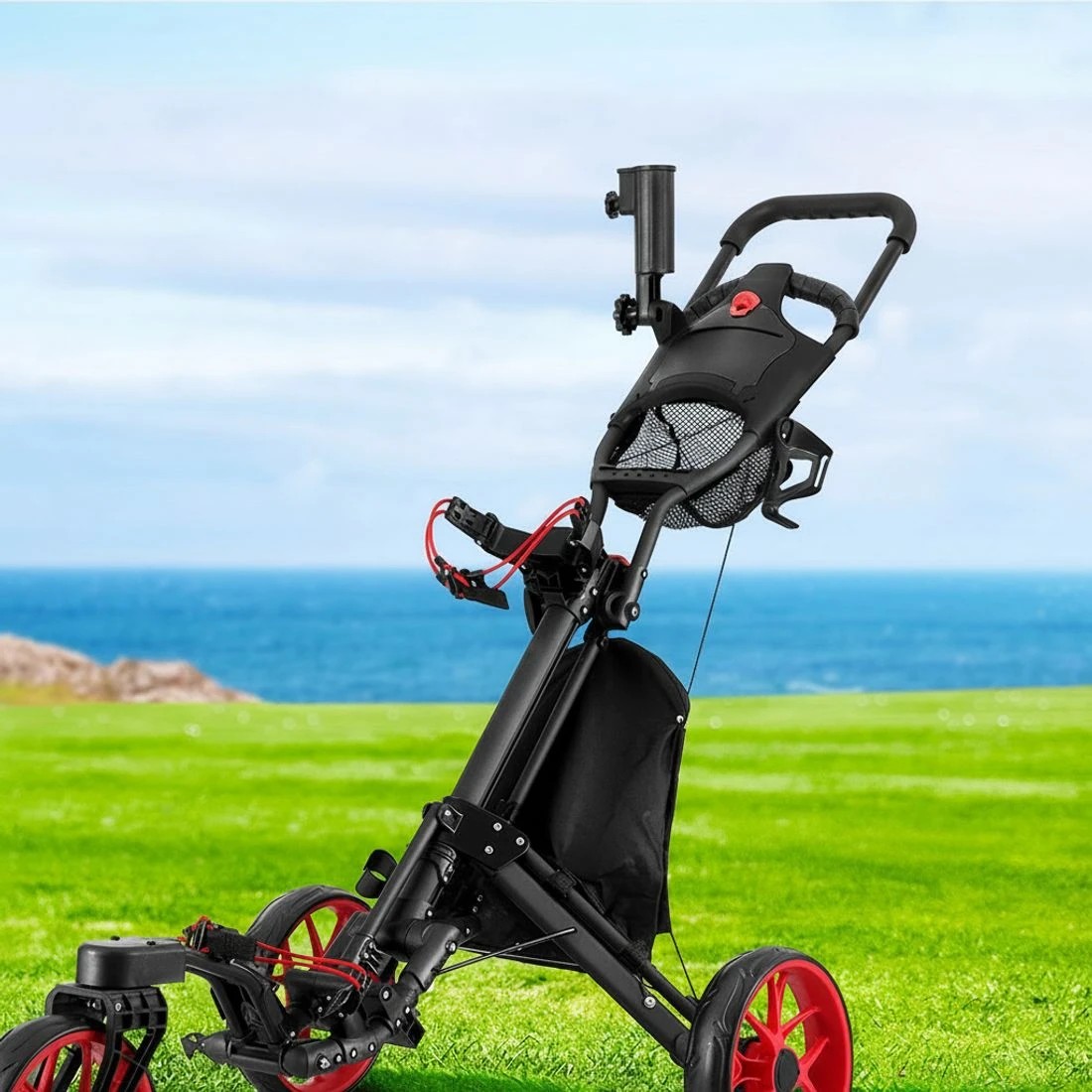 4 Everfit Golf Buggy Foldable Trolley Golf Cart Swivel Wheel Umbrella Bottle Stand - Red, 4 of 6