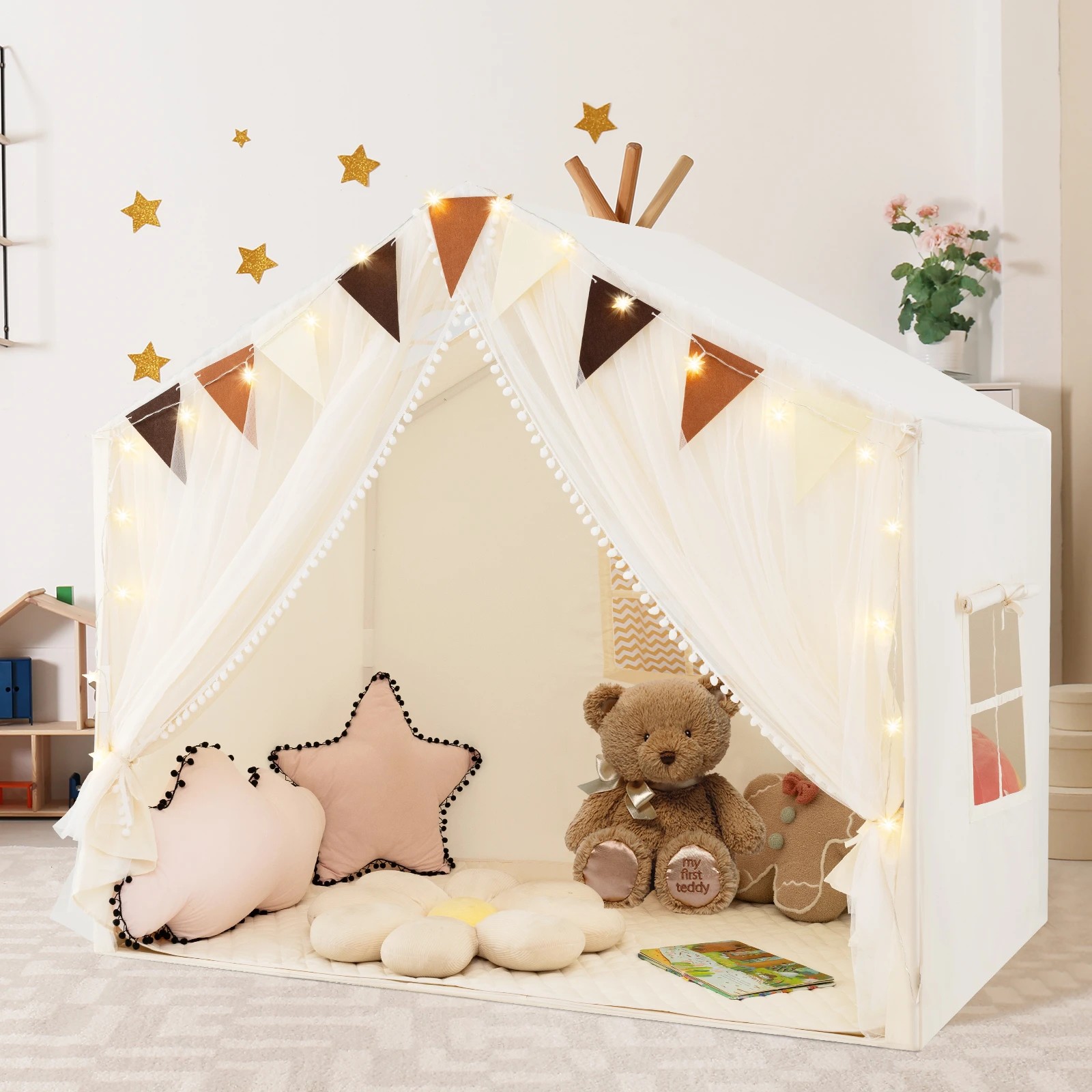 2 Costway Large Play Tent Kids Princess Castle w/Curtains & Lights - Beige, 2 of 2