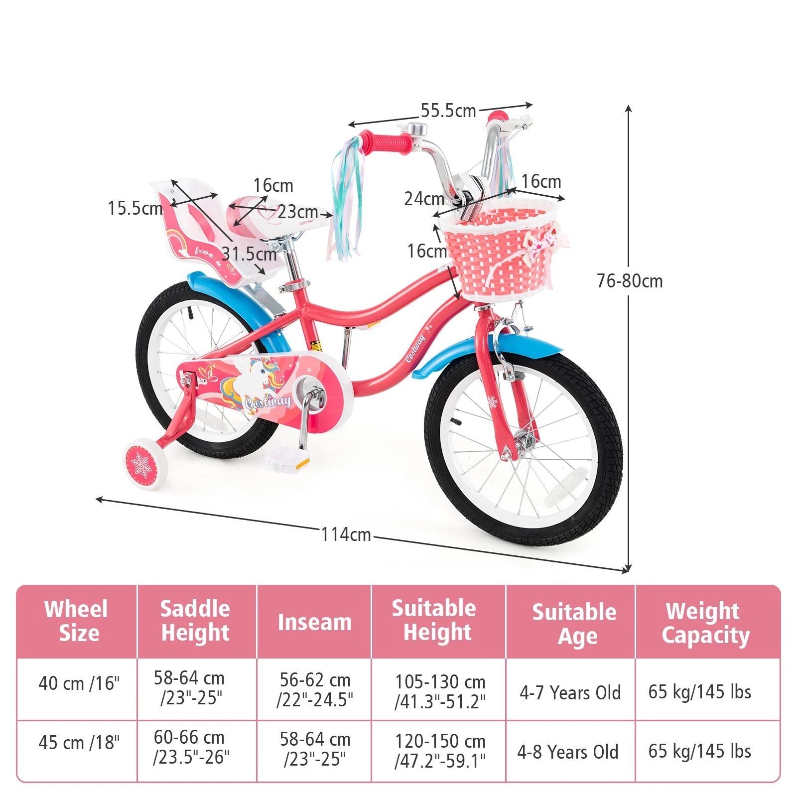 2 Costway 40cm Kids Bike Adjustable Bicycle w/Basket Doll Seat & Training Wheel - Pink, 2 of 2