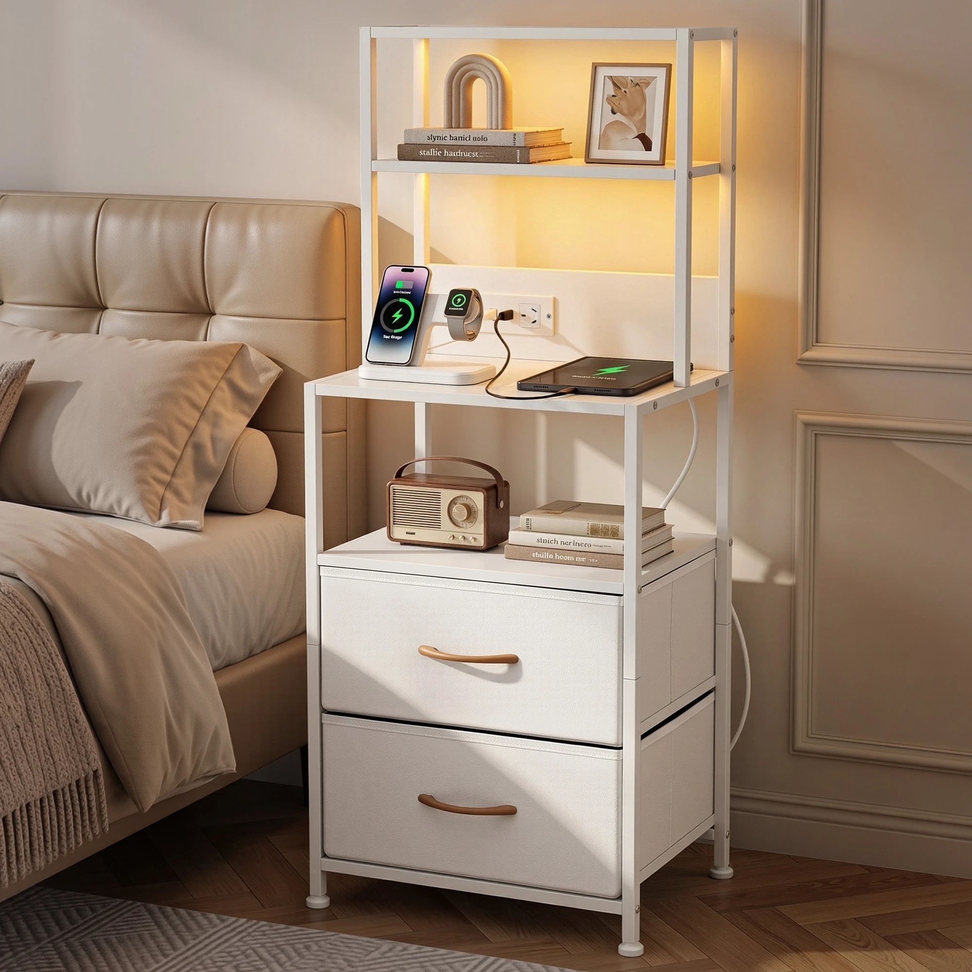 9 Artiss Bedside Table Tall Nightstand with Charging Station Drawers LED - White, 9 of 9