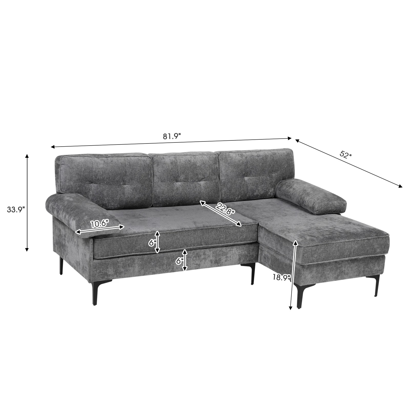 9 Advwin 3 Seater Sofa L-shape Chenille Lounge Couch W/ Reversible Chaise Grey, 9 of 9