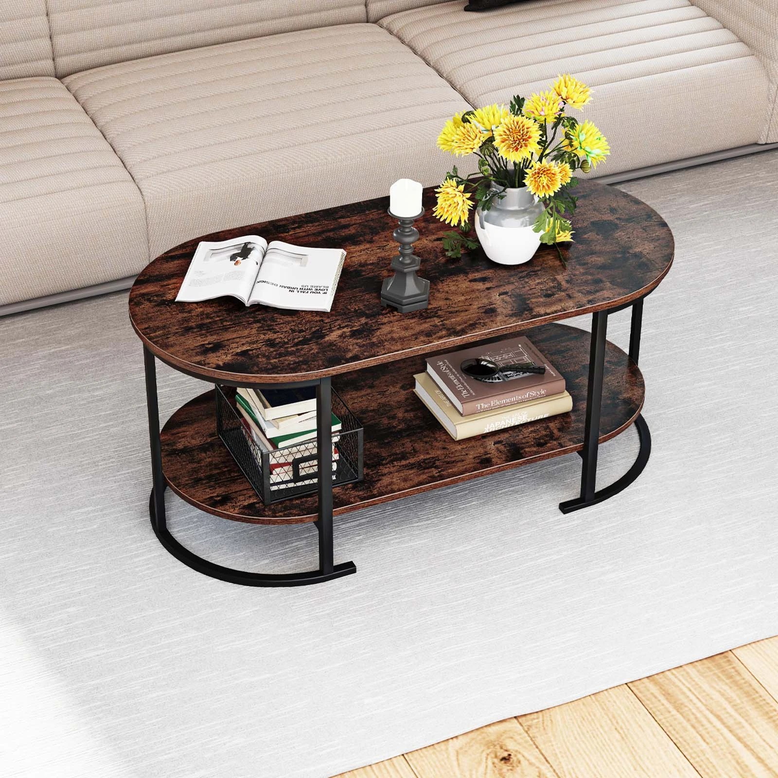 5 Costway Oval Coffee Table 2-Tier Industrial Cocktail Table Wood Grain Top, 5 of 6