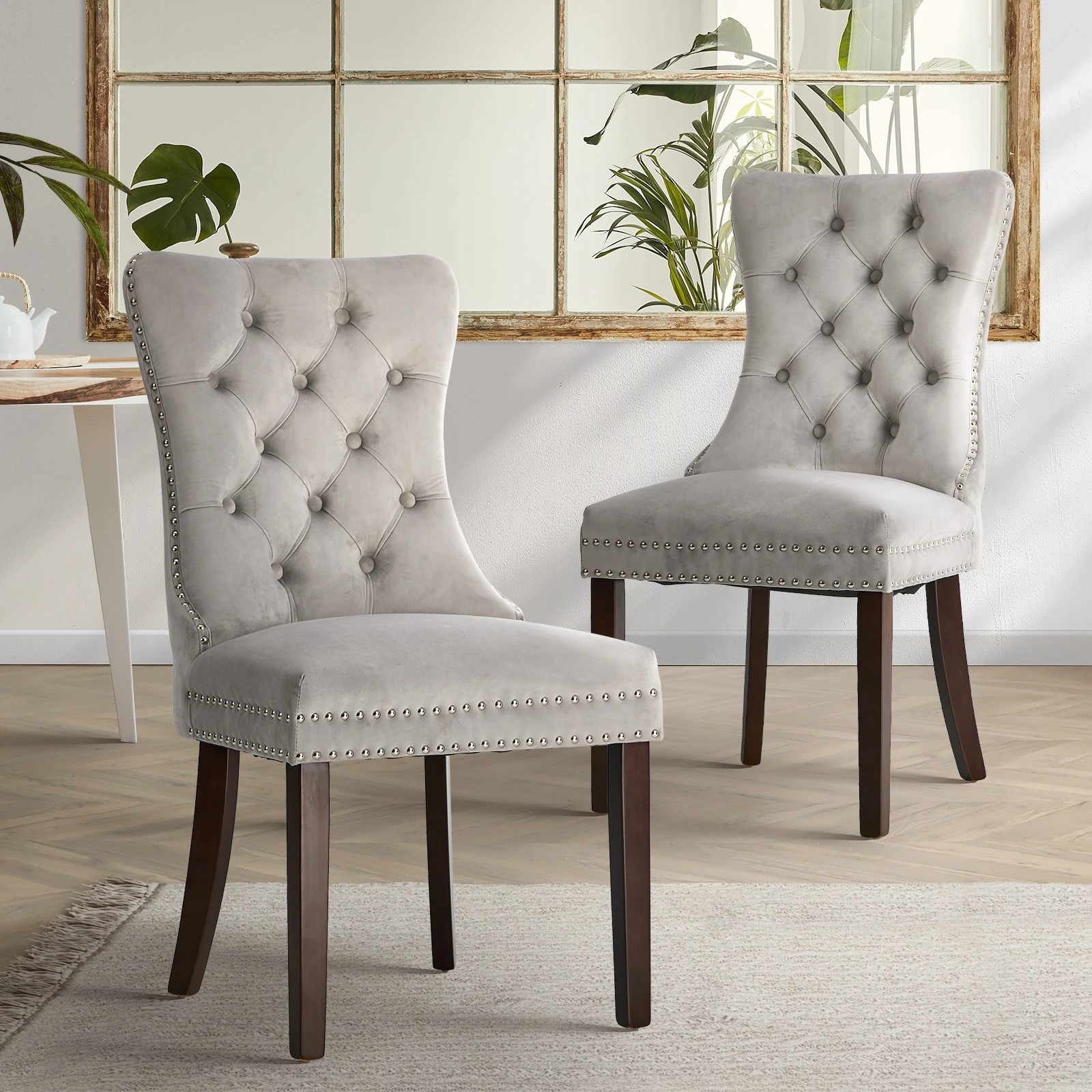 3 Oikiture 2x Velvet Dining Chairs Upholstered French Provincial Tufted Light - Grey, 3 of 10