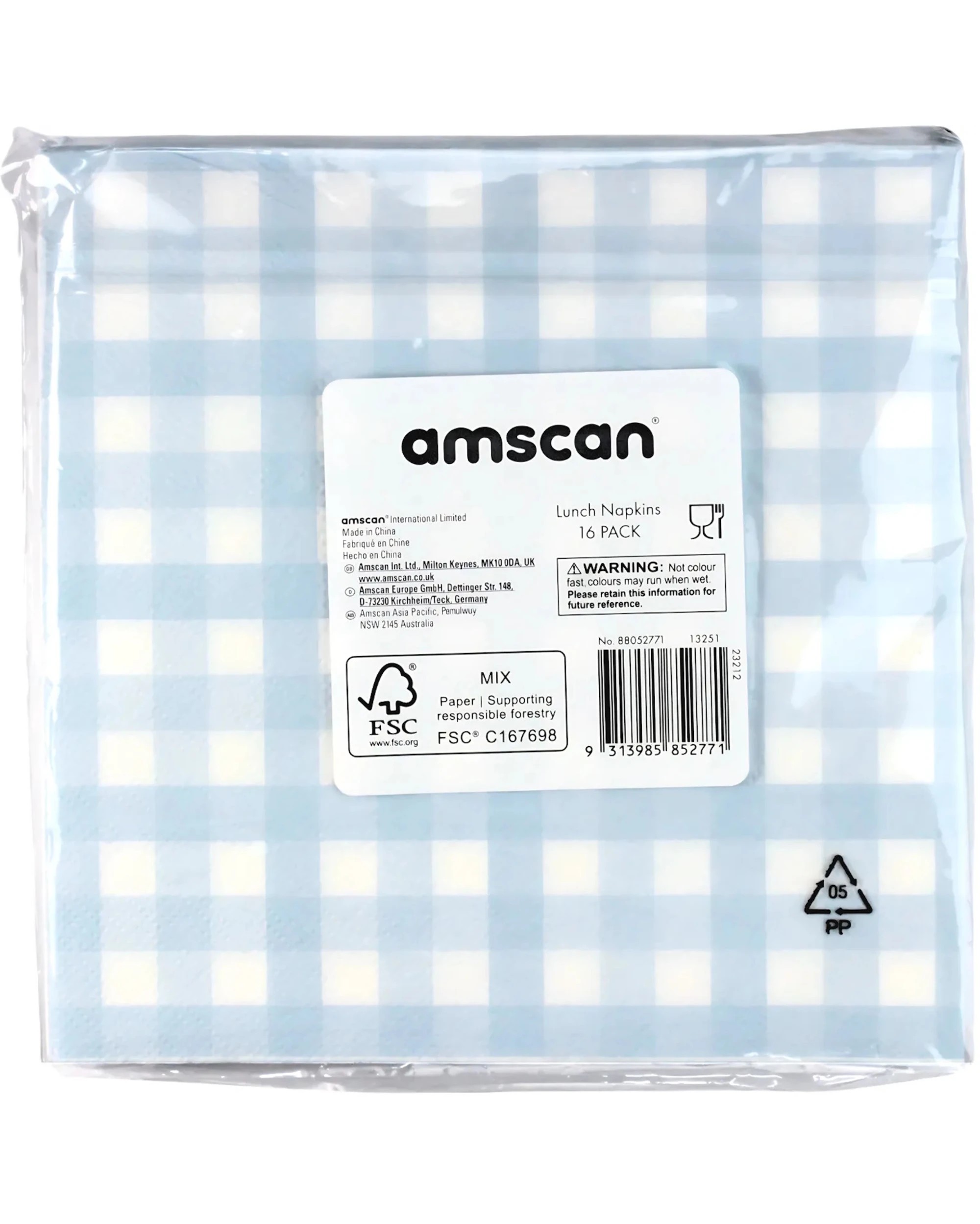2 Amscan Gingham Large Napkins / Serviettes Pack of 16 -  Pastel Blue - Pastel Blue, White, 2 of 2