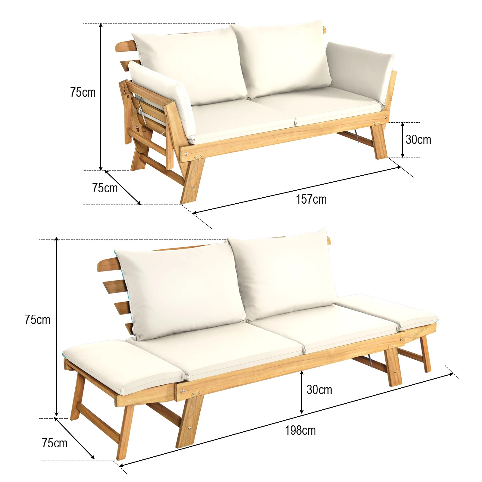 2 Costway Outdoor Acacia Wood Patio Sofa w/Adjustable Armrest - White, 2 of 3