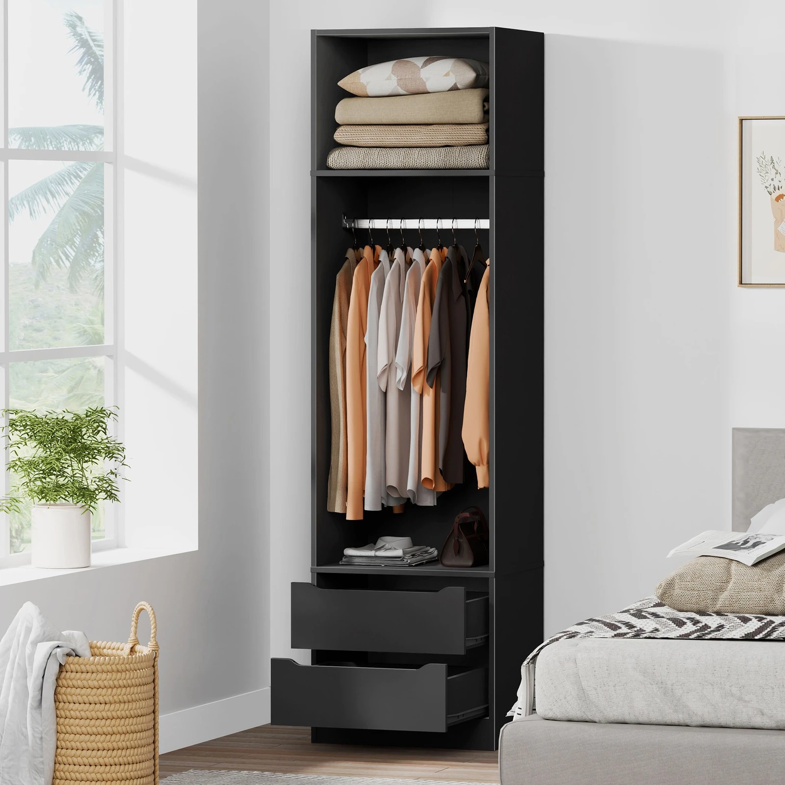 3 Alfordson Wardrobe 2 Drawers Clothes Storage Cabinet Hanging Rod - Black, 3 of 10