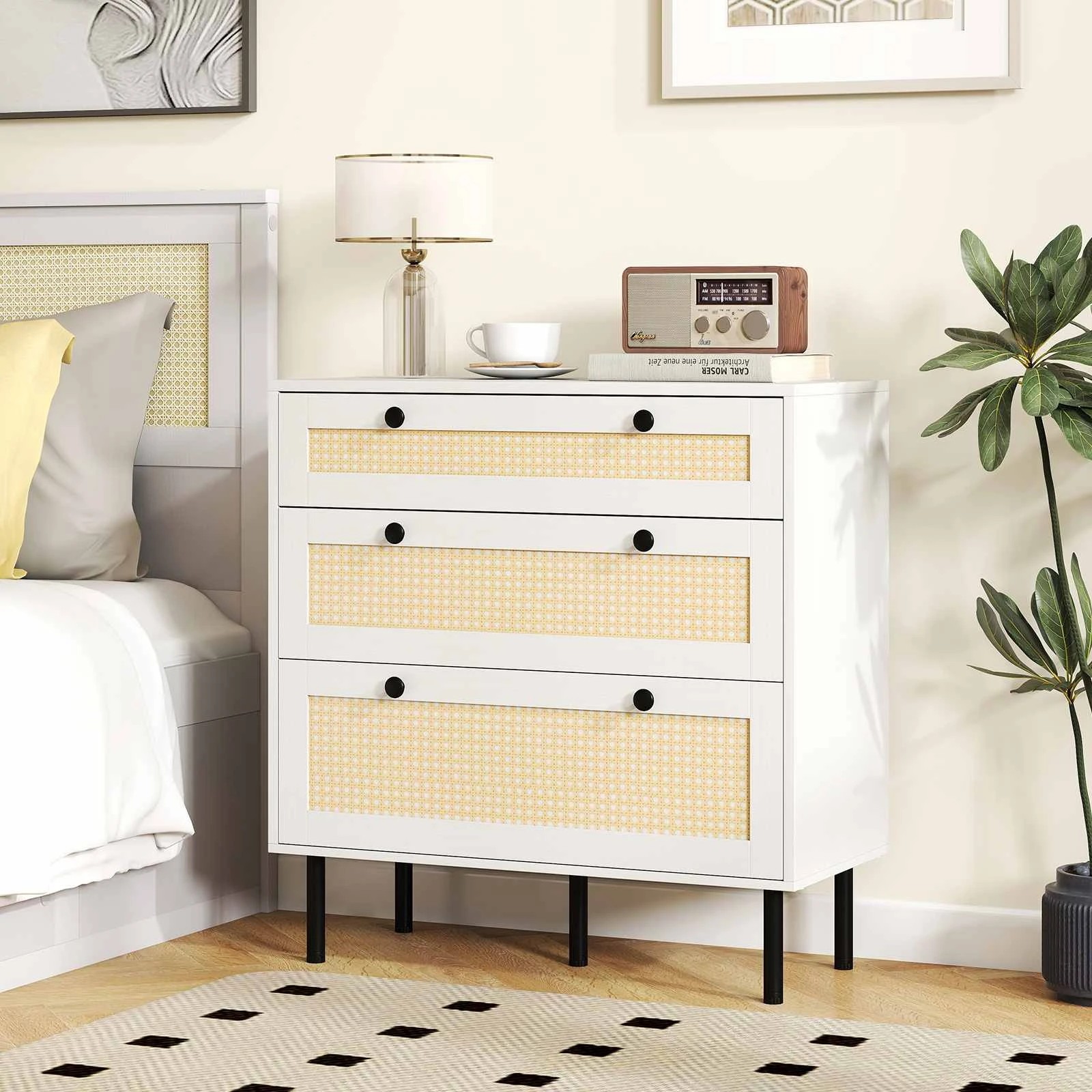 2 Costway 3 Chest of Drawer Wood Sideboard 3-Drawer Rattan Nightstand Home Office Bedside Table, 2 of 4