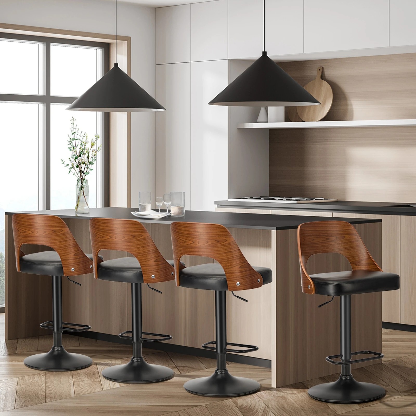 3 Oikiture 4x Bar Stools Swivel Counter Stool Kitchen Gas Lift Chairs - Black, 3 of 9