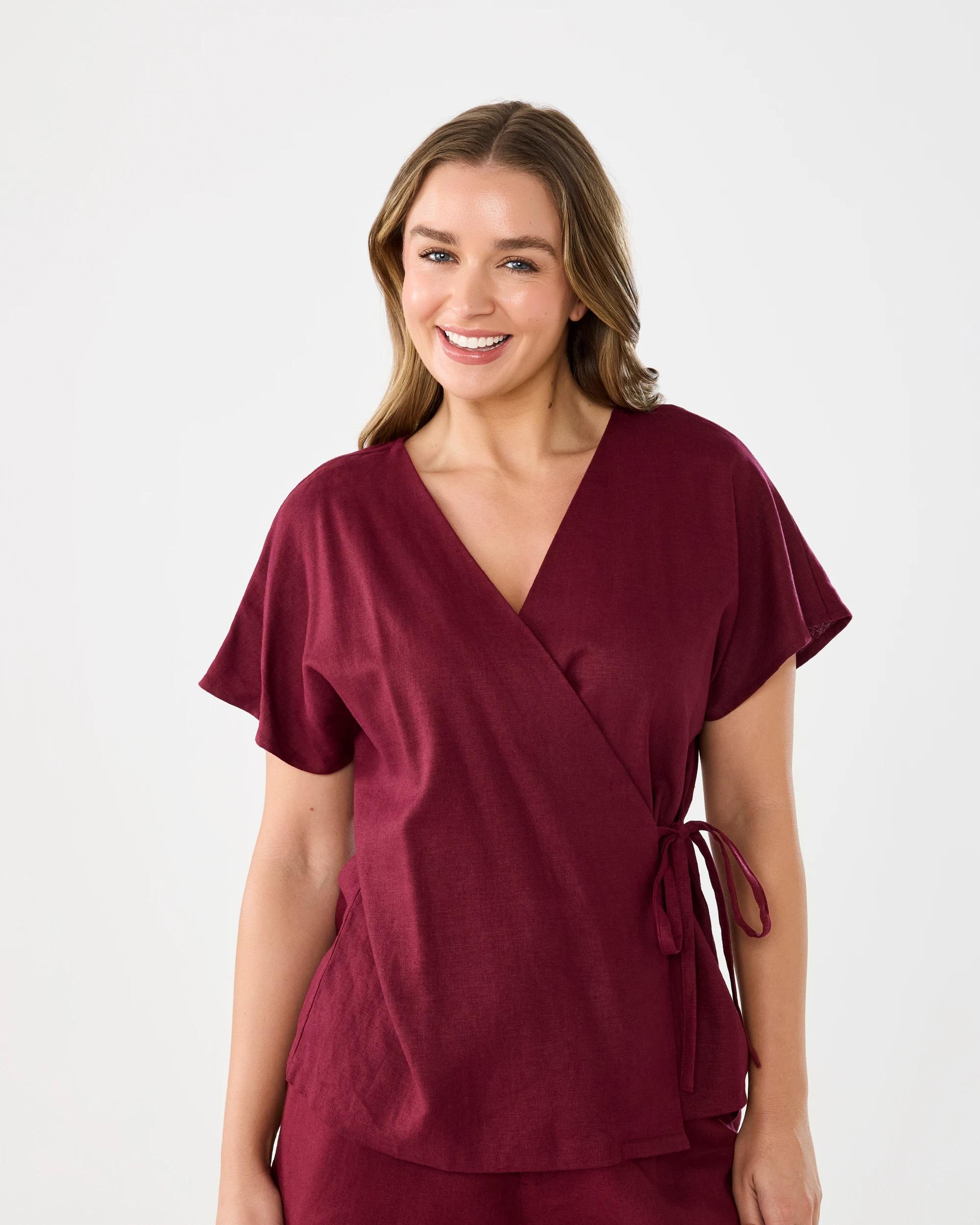 1 Short Sleeve Linen Blend Wrap Top Cran Juice, 1 of 8