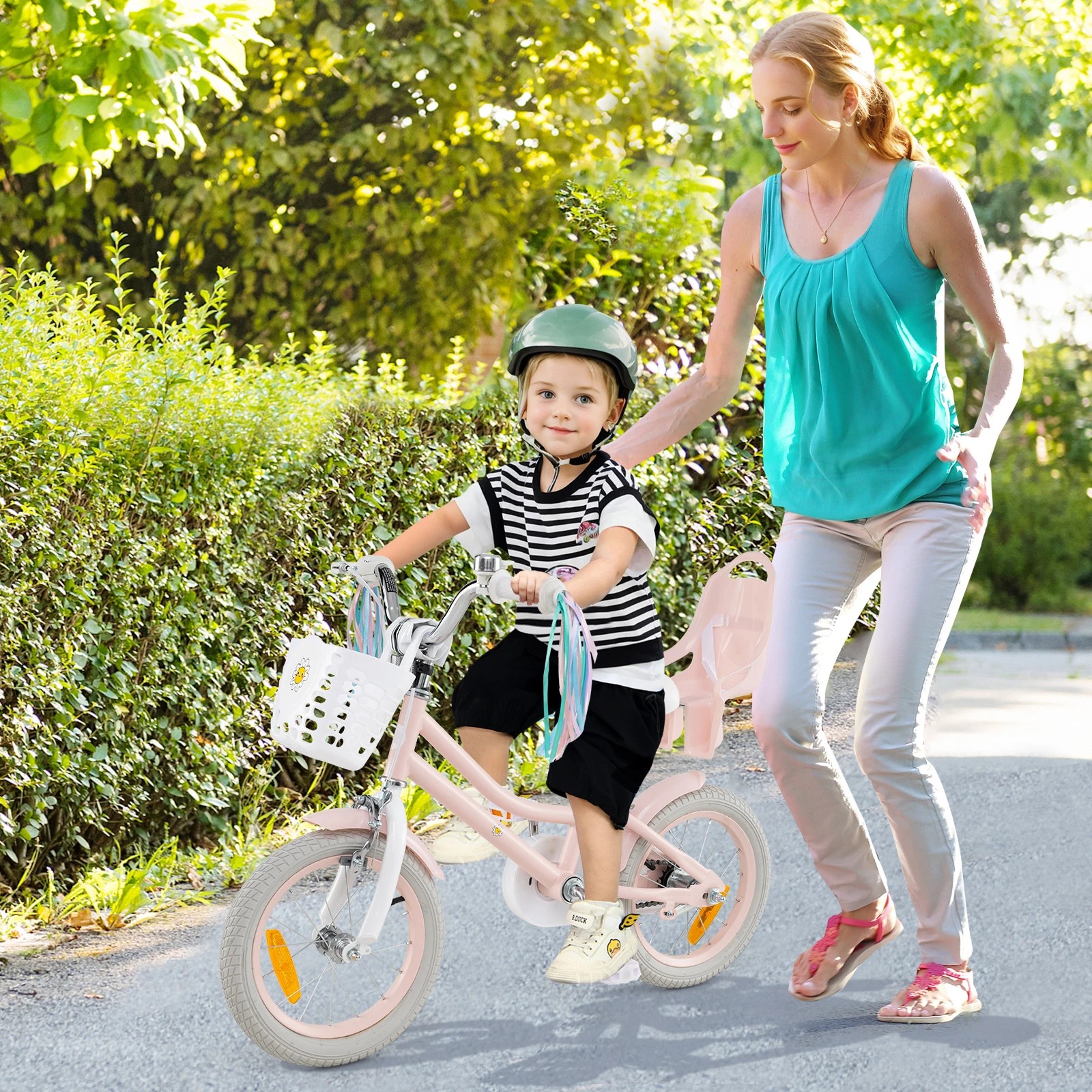 2 Costway 36cm Kids Bike Bicycle Ride-on w/Training Wheels & Doll Seat & Front Basket Beginner - Pink, 2 of 4
