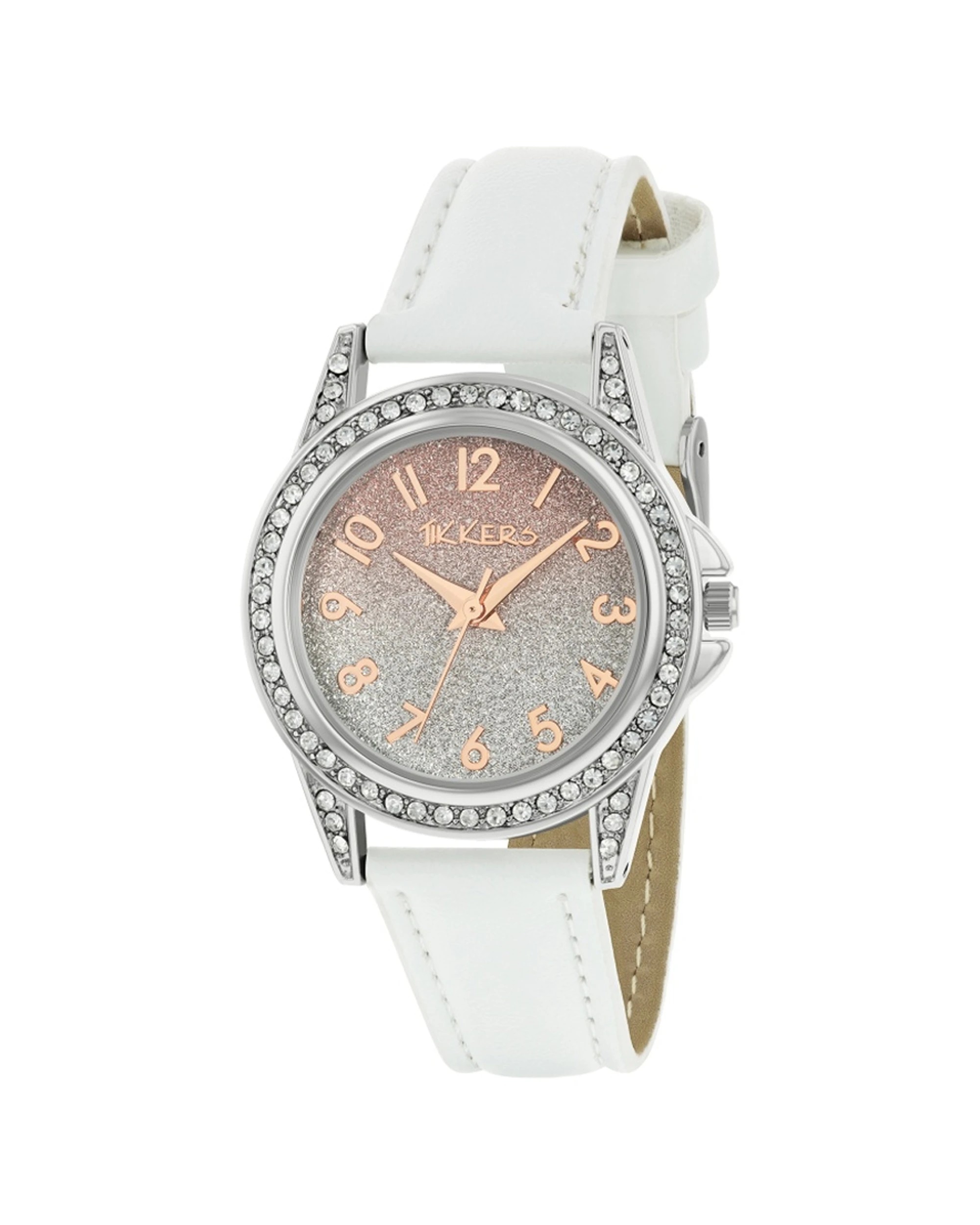 1 Tikkers Watch Leatherette Strap Kids Ombre Shimmer Glitter Dial Stone - White, 1 of 2
