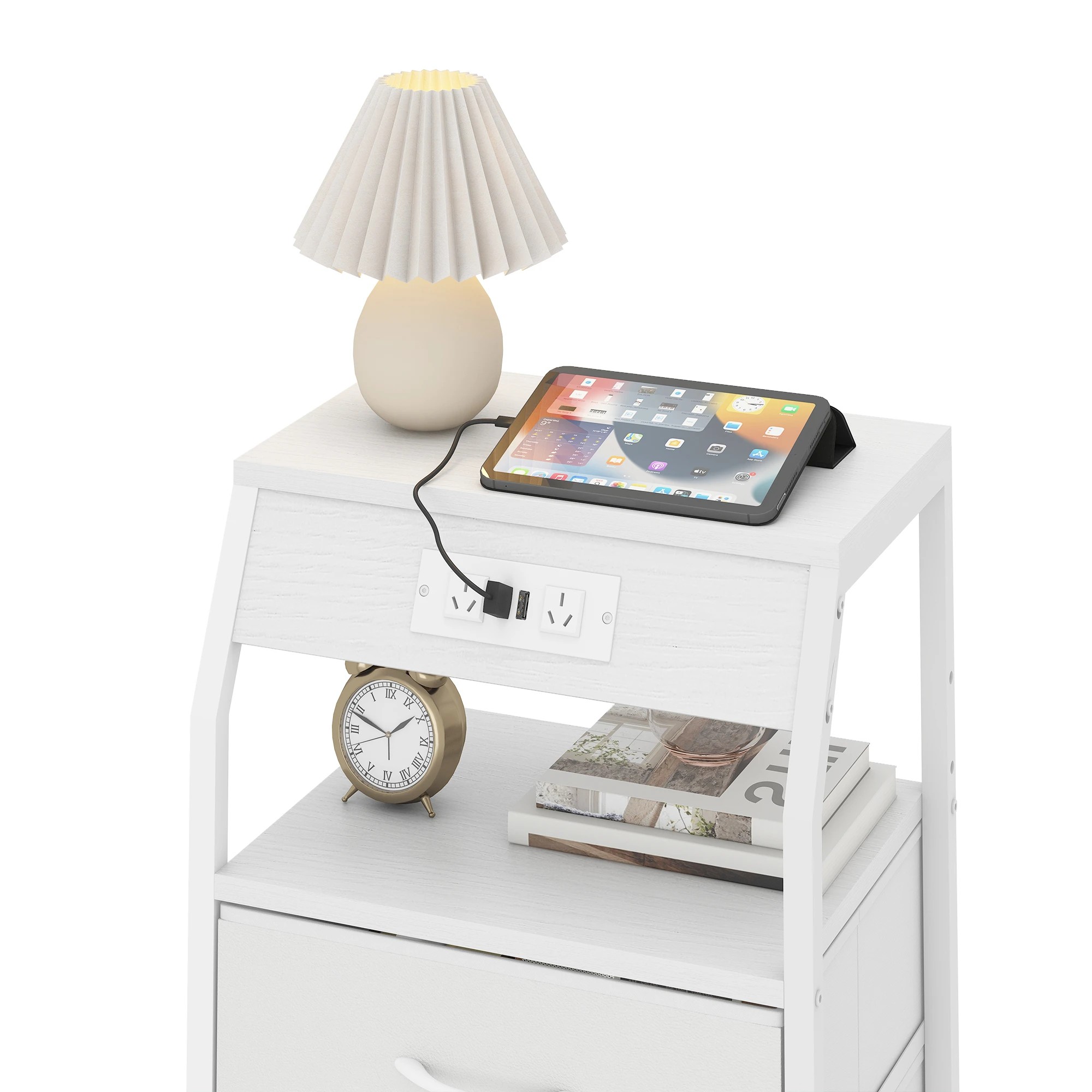 5 Advwin Set of 2 Bedside Table with Charging Station 4 Fabric Drawers Nightstand - White, 5 of 10