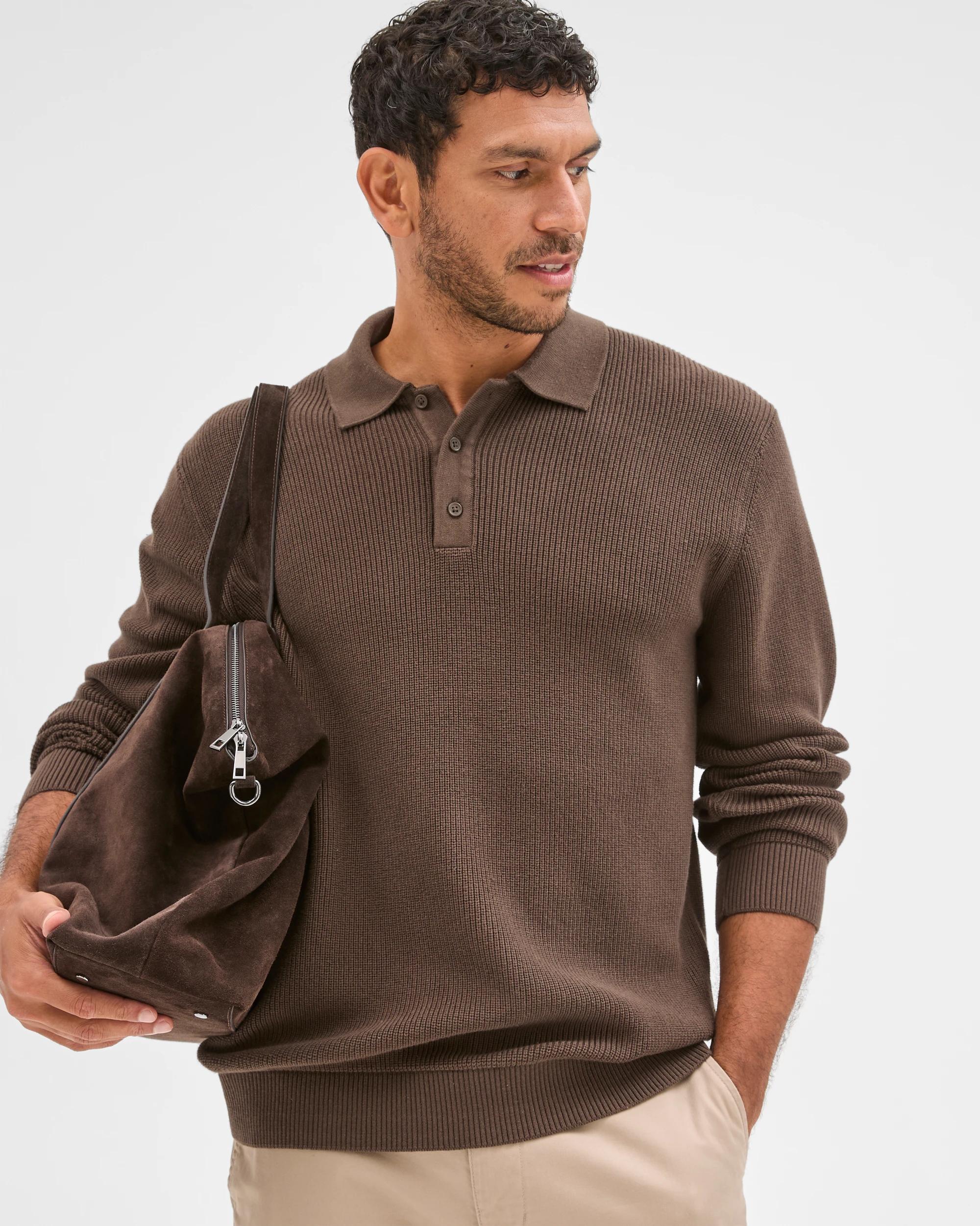1 Target Man Australian Cotton Lightweight Long Sleeve Polo Neck Knit Jumper CHOCOLATE, 1 of 6