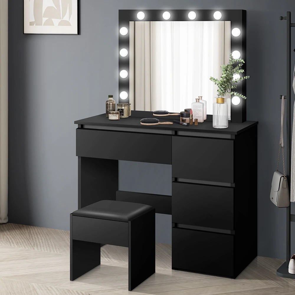 1 Alfordson Dressing Table Stool Set Makeup Mirror Desk LED 12 Bulbs - Black, 1 of 10