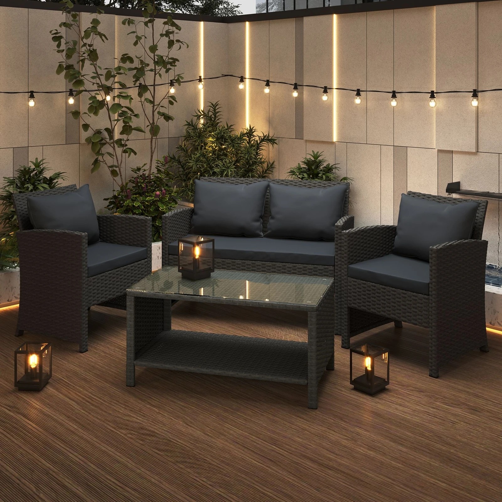 8 Alfordson Outdoor Furniture 4PCS Garden Patio Chairs Table Set Wicker With Pillow - Dark Grey, 8 of 9