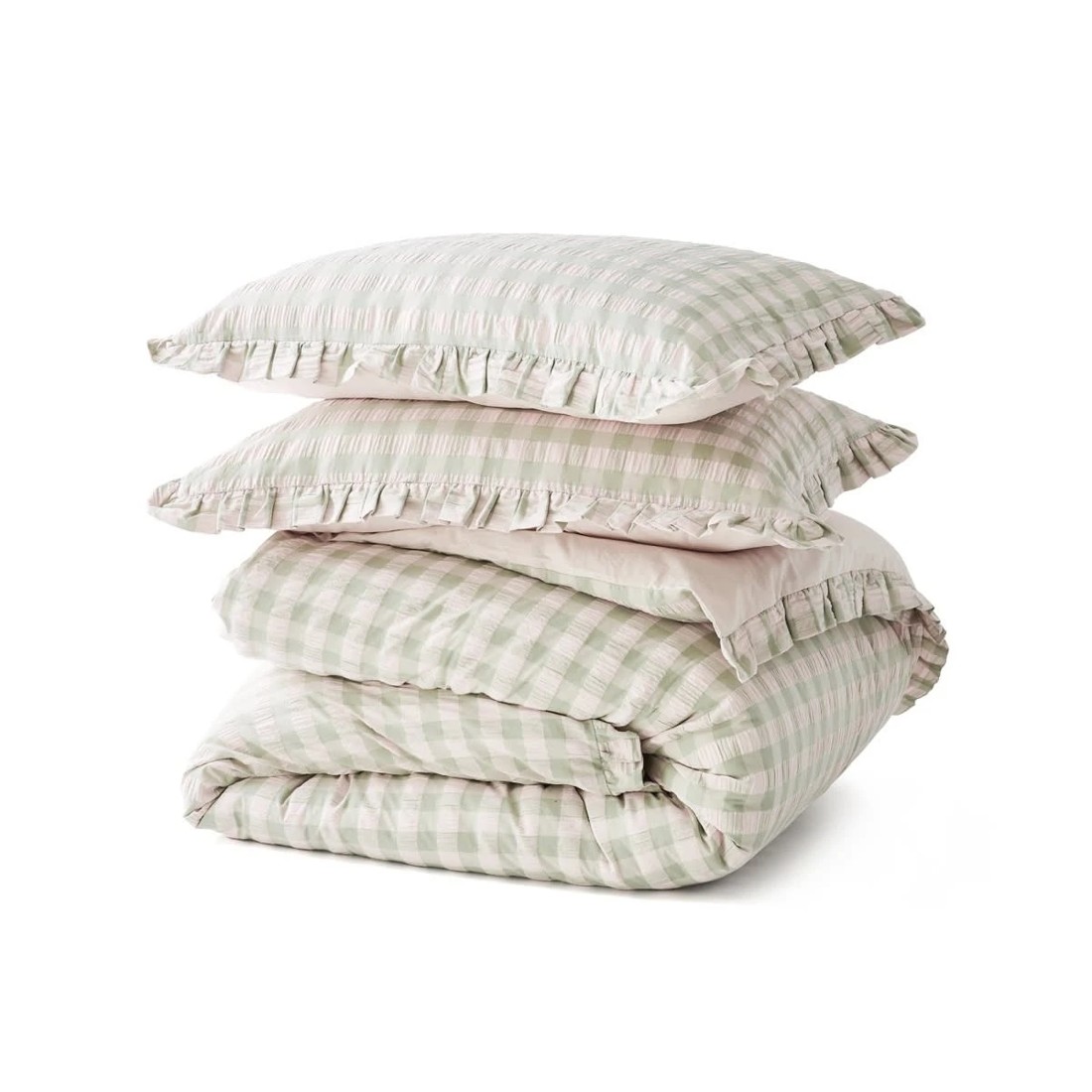 5 Gingham Ruffle Cotton Quilt Cover Set - Single Bed, Sage and Pink, 5 of 6