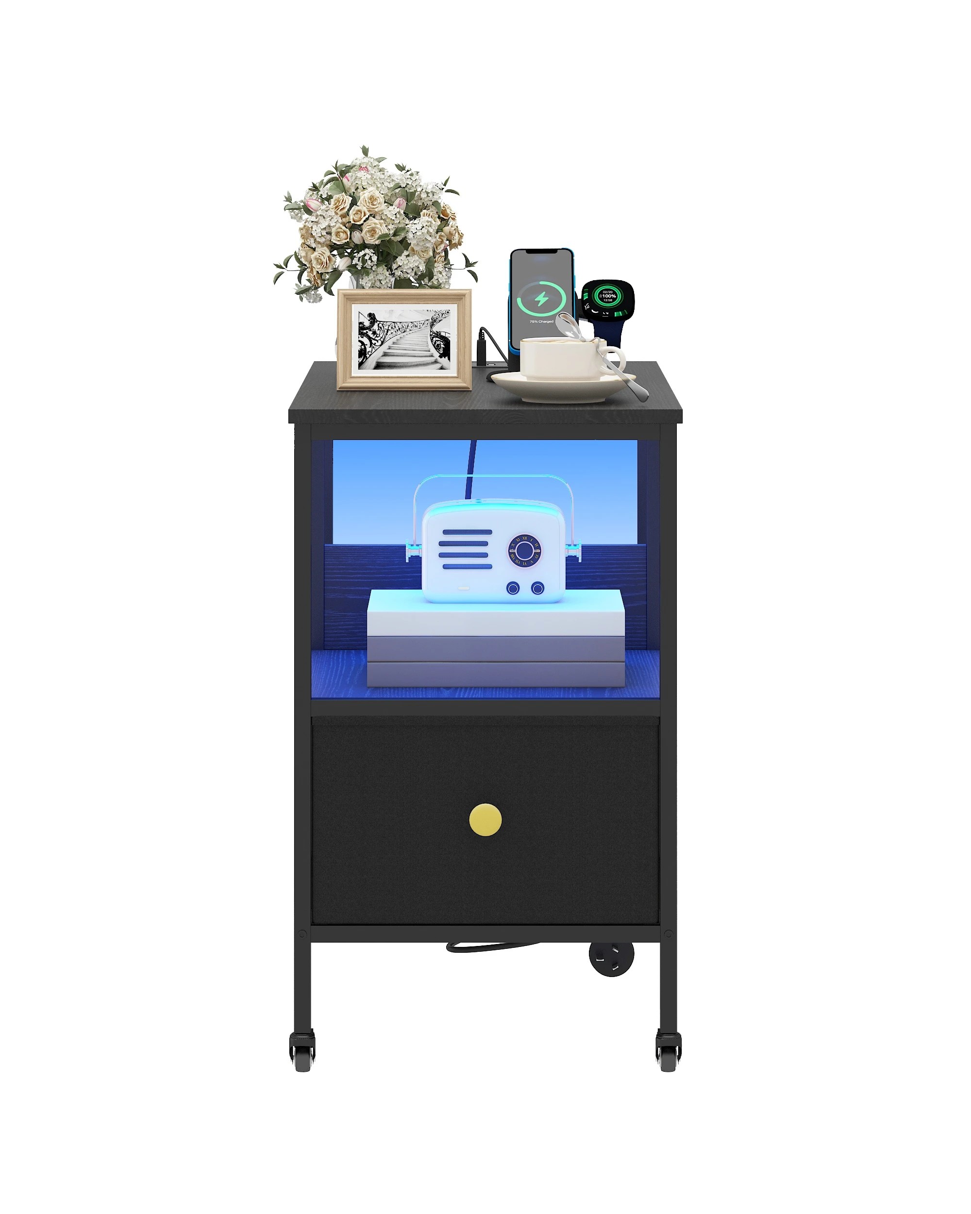 6 Advwin LED Side Table Sofa End Table w/ Power Outlets & Wheels Slim Bedside Table w/Reversible Drawer  - Black, 6 of 10