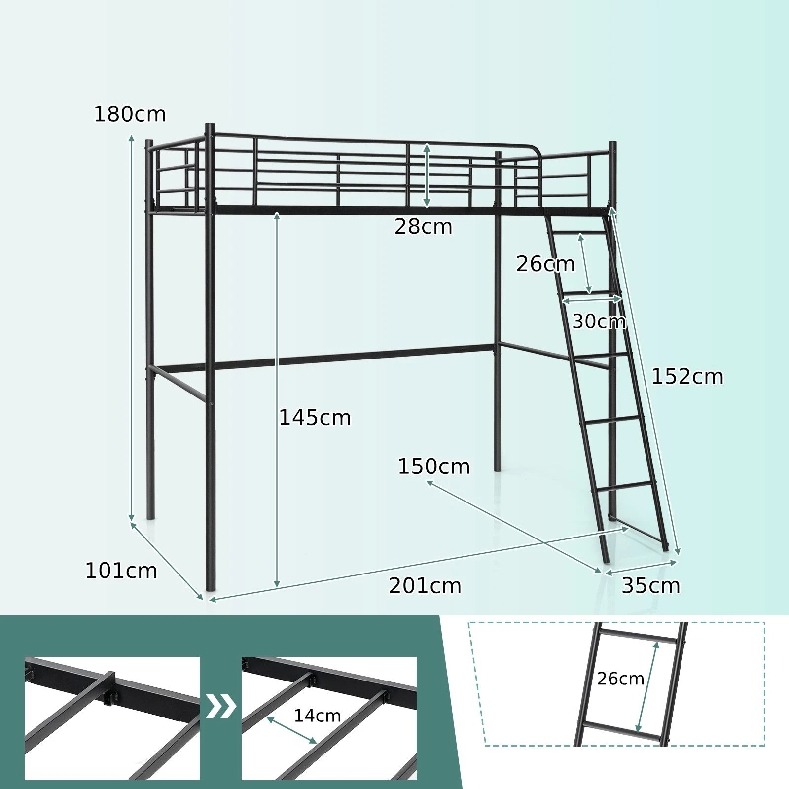 4 Costway Single Loft Bed Frame Steel Bed Base w/High Guard Rails, 4 of 5