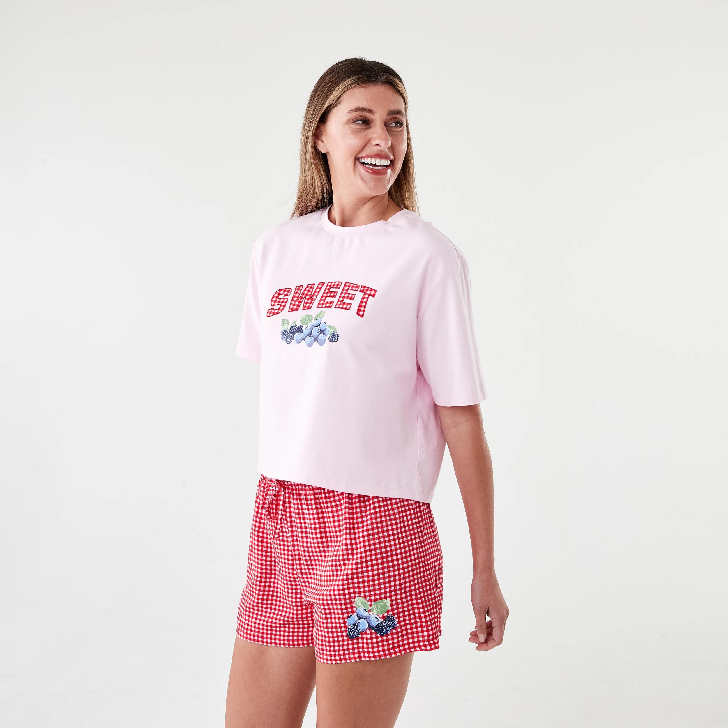 2 Print Knit T-shirt and Woven Shorts Pyjama Set Sweet Brry, 2 of 8