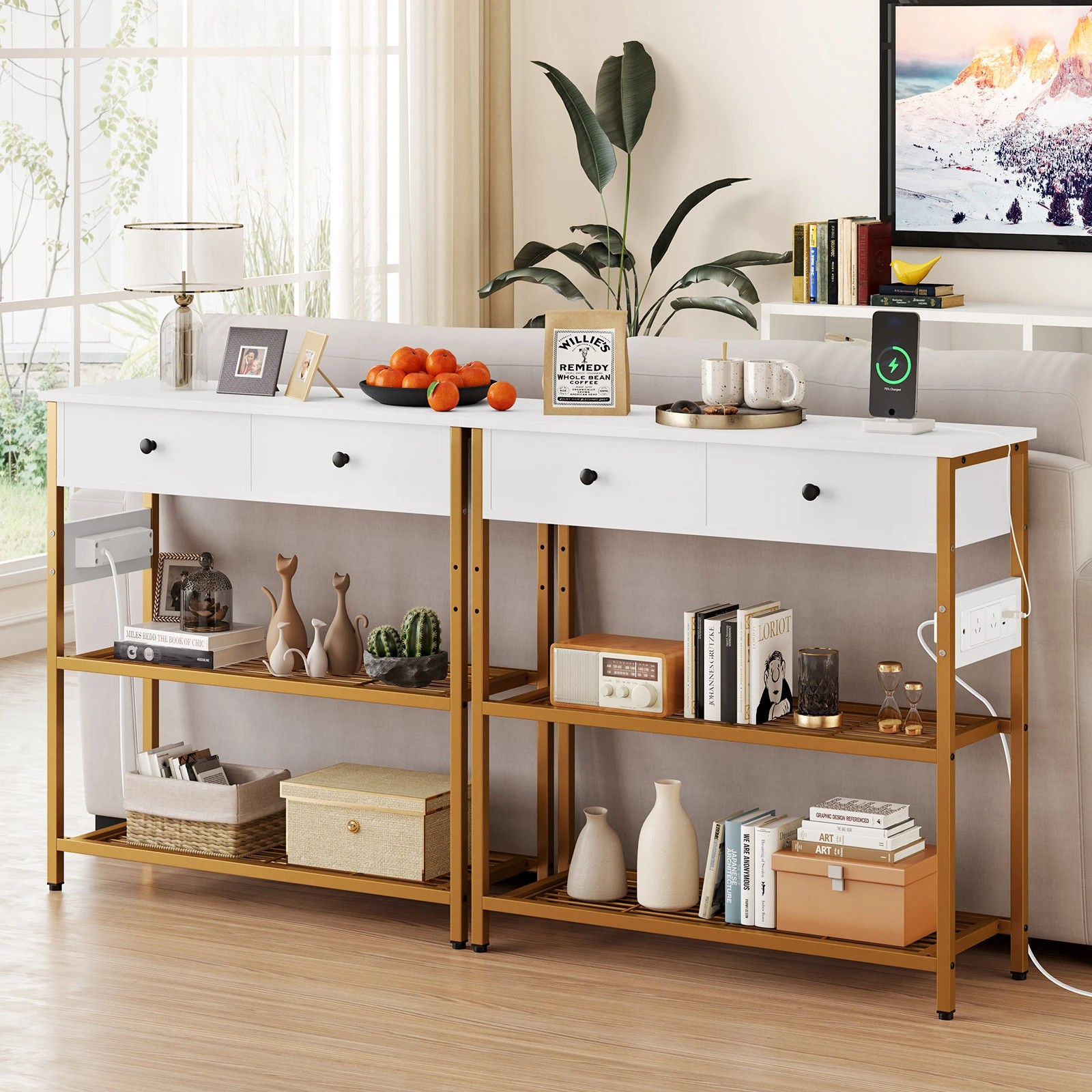 3 Costway Hallway Console Table w/Charging Station & 2 Drawers Entry Side Table, 3 of 4