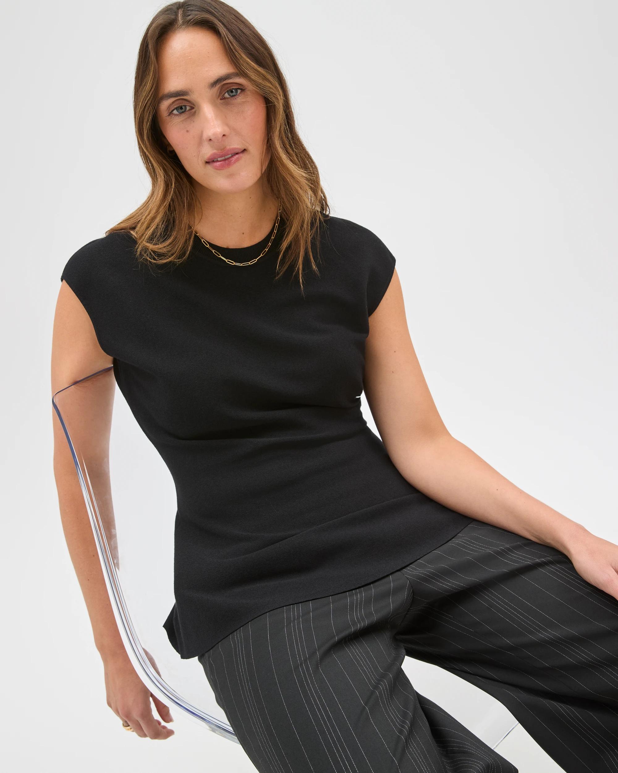 6 Preview Sleeveless Crepe Knit Peplum Top BLACK, 6 of 7