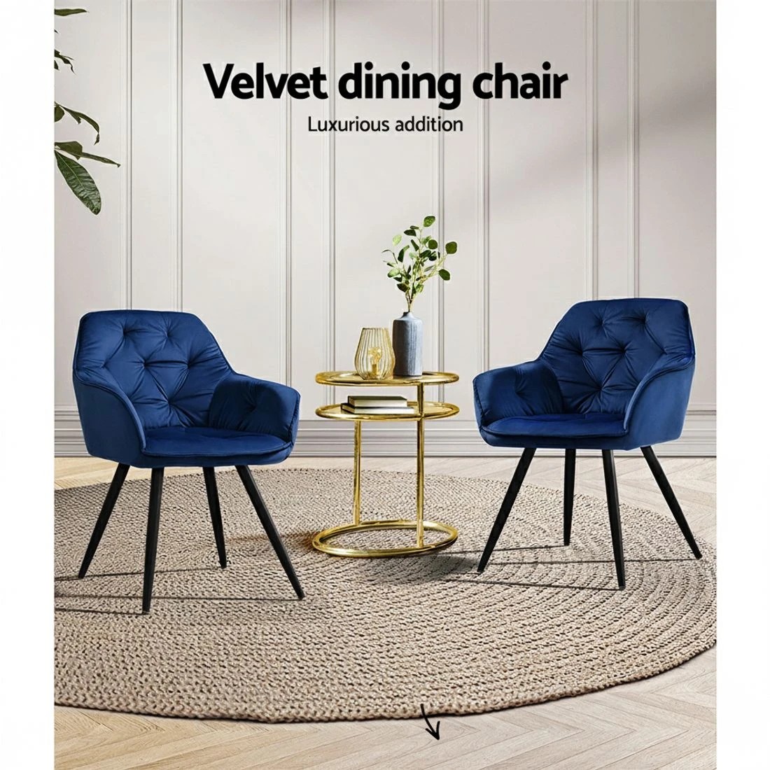 3 Artiss Dining Chairs Set of 2 Velvet Diamond Tufted Armchair - Blue - Blue, 3 of 5