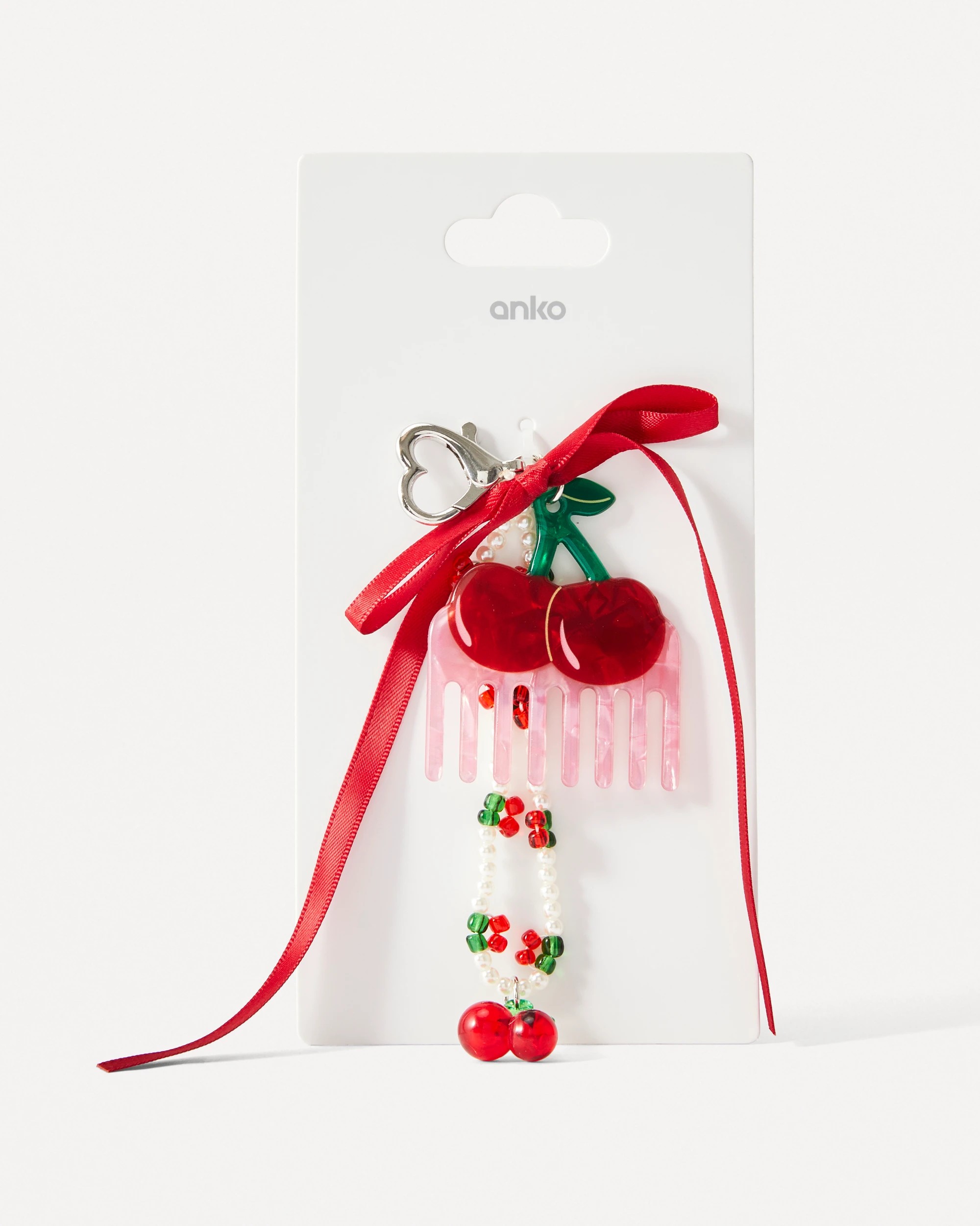 4 Cherry Comb Charm Keyring - Red, Pink, Silver Tone, 4 of 4