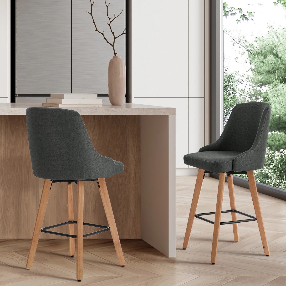 4 Oikiture 2x Bar Stools Swivel Wooden - Grey, 4 of 8