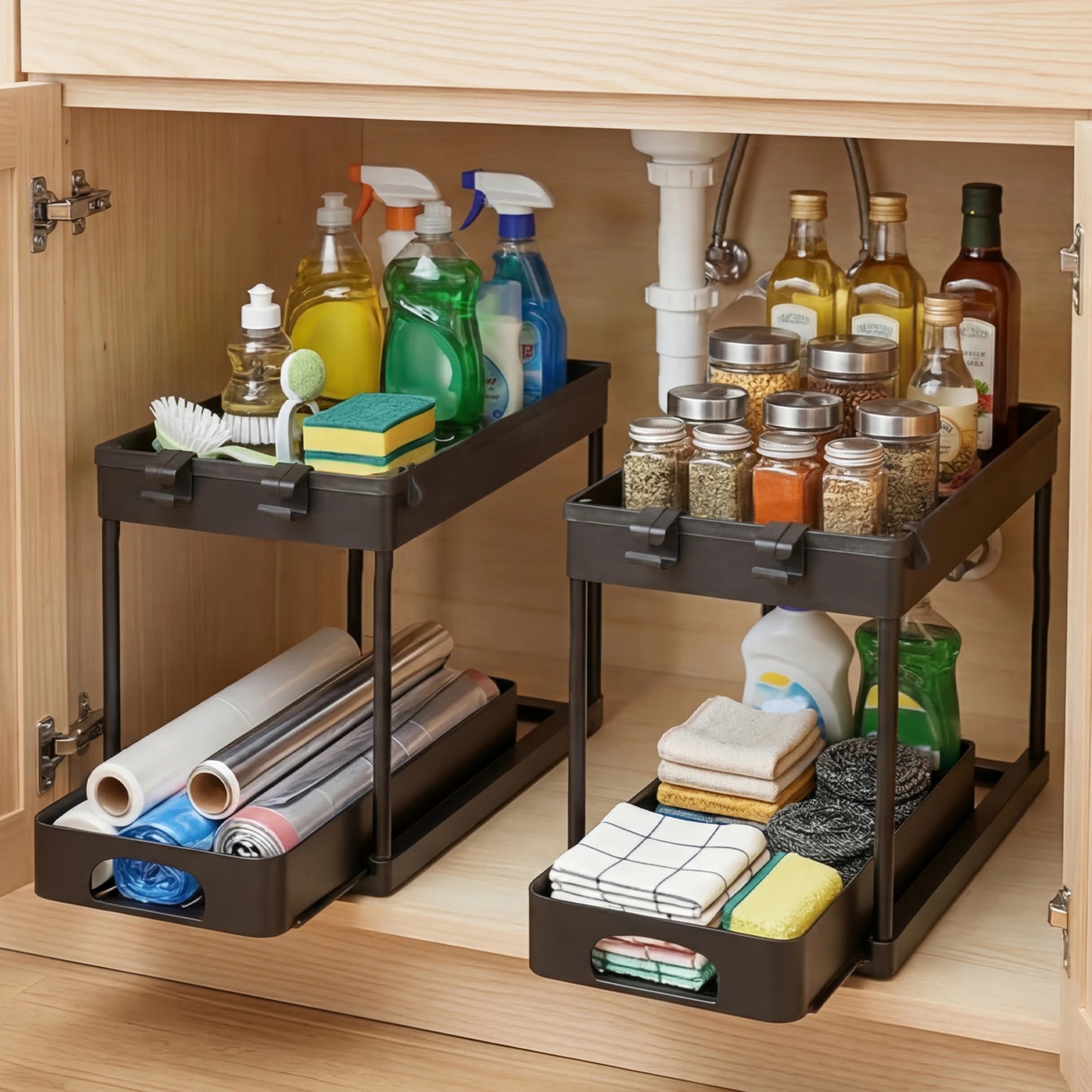 7 Toque 2 x Under Sink Organizer 2 Tiers Storage Sliding Drainage Kitchen Bathroom - Black, 7 of 9